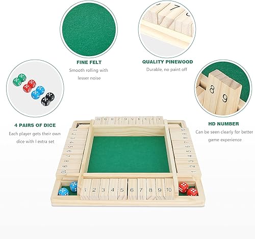 Miniatura 6 de Juego de dados “Shut the Box” (cierra la caja) para 4 jugadores con 10 números, tablero en madera de 4 lados para juego de mesa tradicional, para