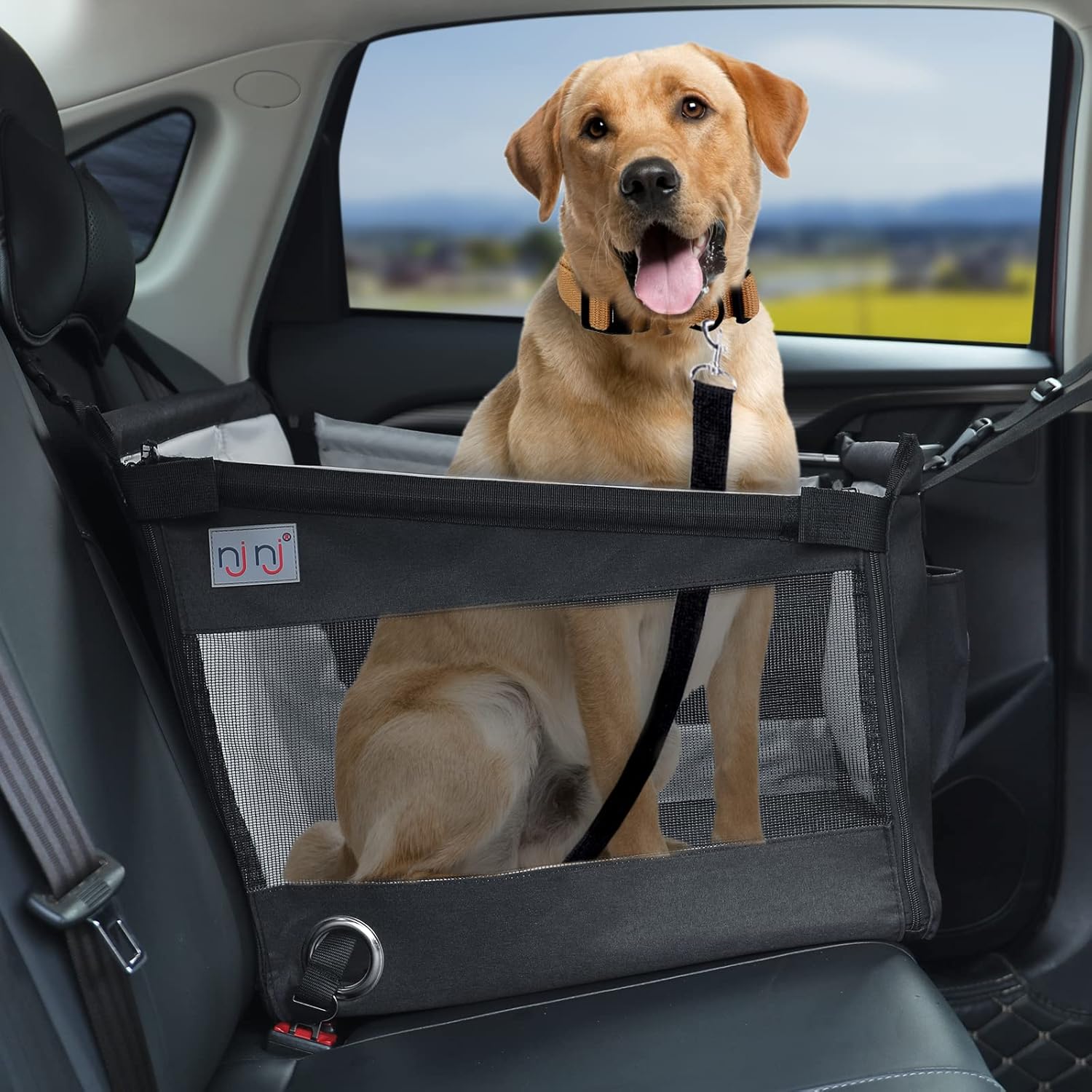 Dog Car Seat for Pet Travel with Waterproof Pad, Half seat Dog Hammock,Harness Hook, Breathable Mesh, and Adjustable Backseat Safety Belt, Small, Medium, Large Size 21"X19"X19" Black