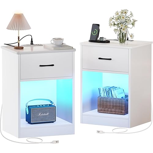 Nightstands Set of 2, Night Stands with Charging Station & LED Light Strips, Bedside Tables with Drawer, Side Tables Bedroom, End Tables with Open Storage, White