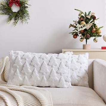 White Christmas Pillow Covers 12 x 20 Inch Set of 2 Christmas Trees Shaped Soft Faux Fur Throw Pillow Covers Xmas Winter Holiday Pillows Decorative Pillow Covers Cushion Cases for Sofa Couch