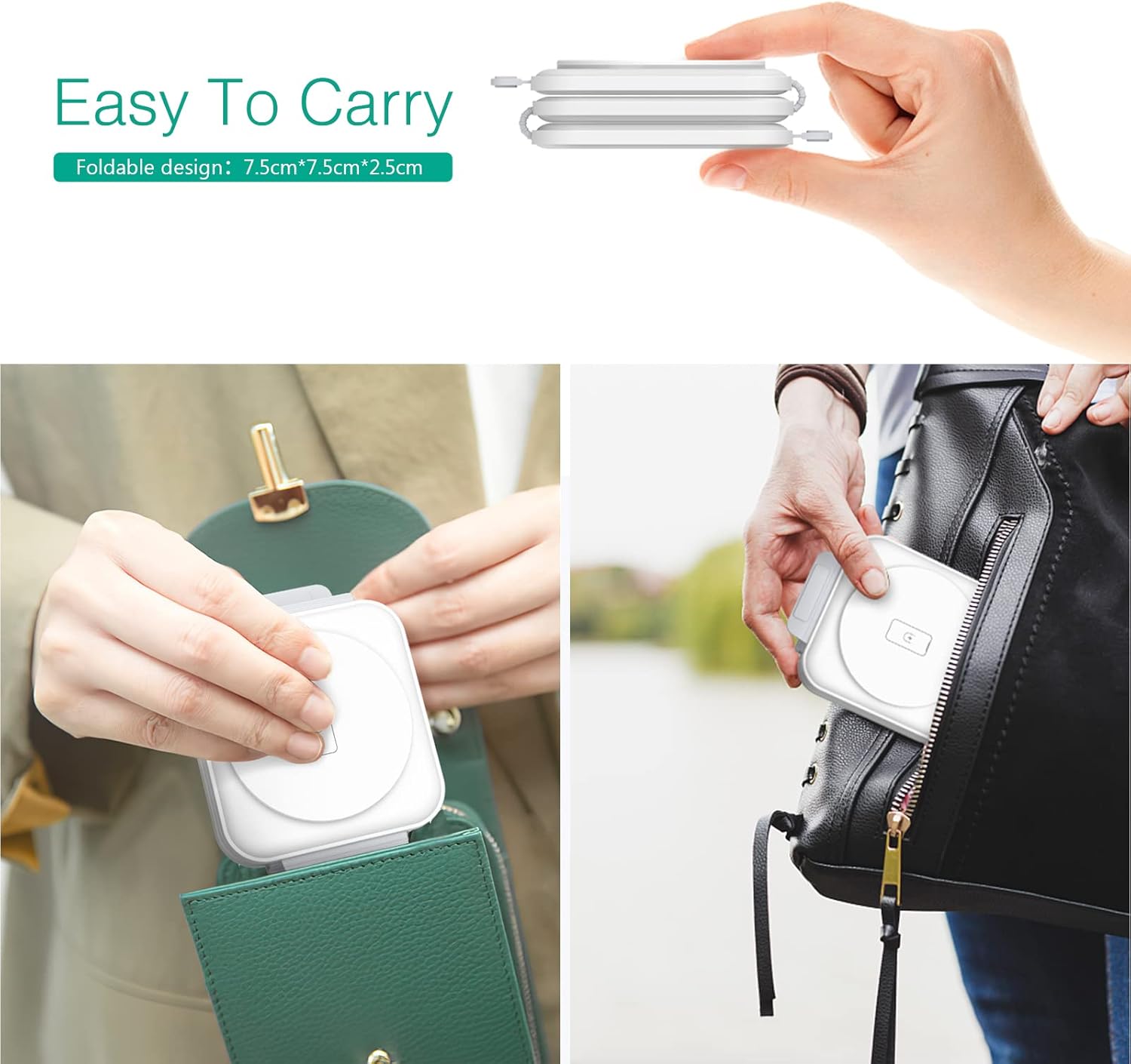 ORIA 3-in-1 Foldable Wireless Charger shown folded and easily fitting into a pocket and a bag