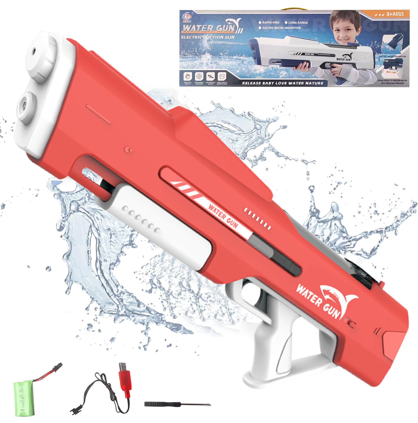 Electric Water Gun - Automatic Self-Suction for Kids & Adults, Summer Pool & Beach Outdoor Toy - Ages 4-12, Lightweight & Powerful (Carmine Red)