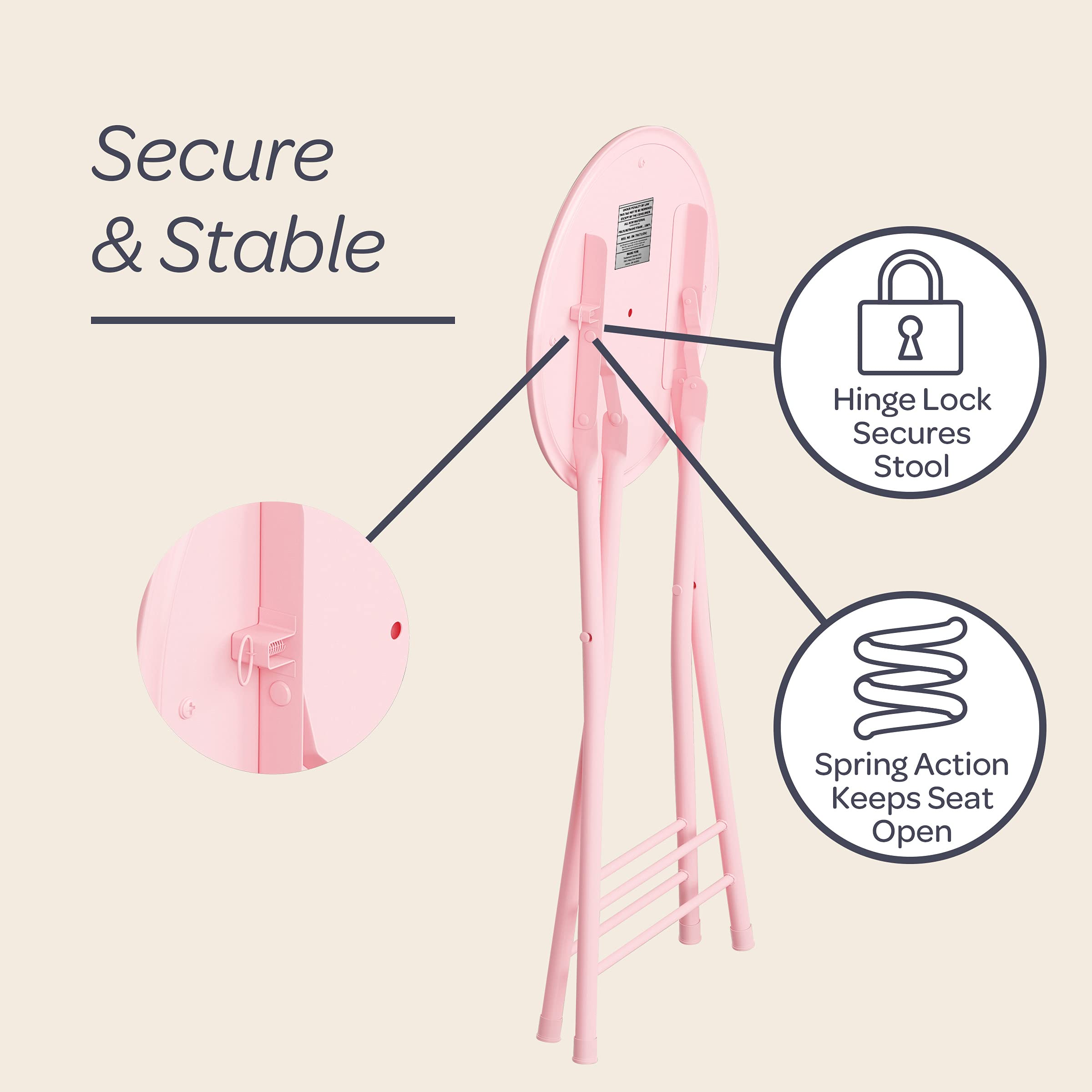 Trademark Home Folding Stool – Heavy Duty 24-Inch Collapsible Padded Round Stool with 300 Pound Capacity for Dorm, Pink