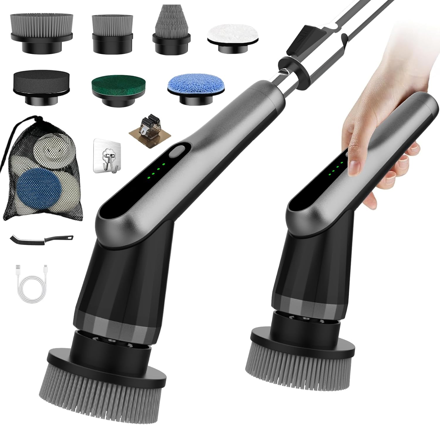 WKY – Limpiador eléctrico giratorio – Limpiador de ducha impermeable IPX7 10 en 1, mango retráctil y 2 velocidades para inodoro, baño, bañera,