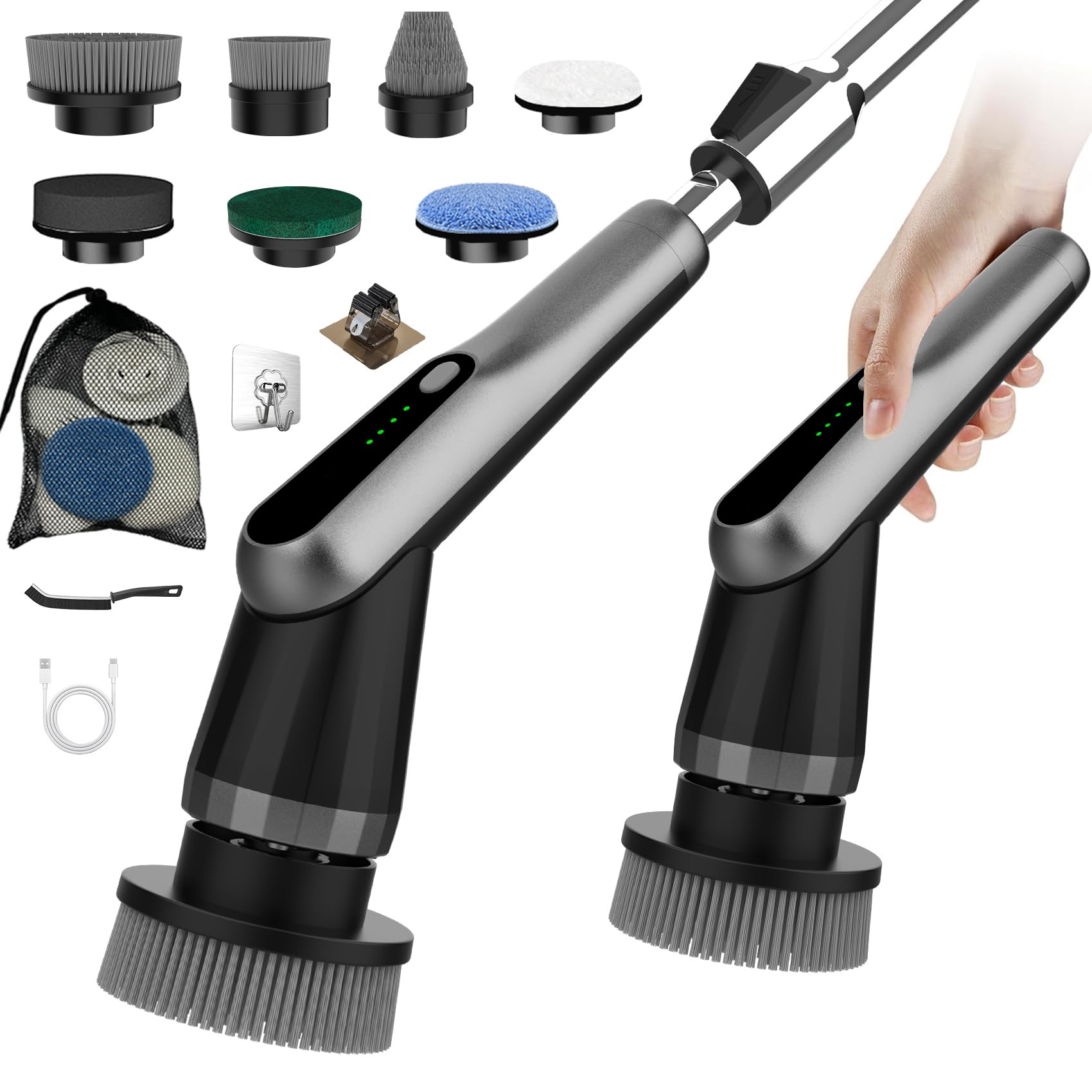 Elektrische Reinigungsbürste, Electric Cleaning Brush mit 7 Wechselbürsten, IPX7 wasserdichte Putzbürste Elektrisch,Verstellbarem Griff Elektrische Bürste für Bad Fliesen Küche Boden Auto Schwarz Grau