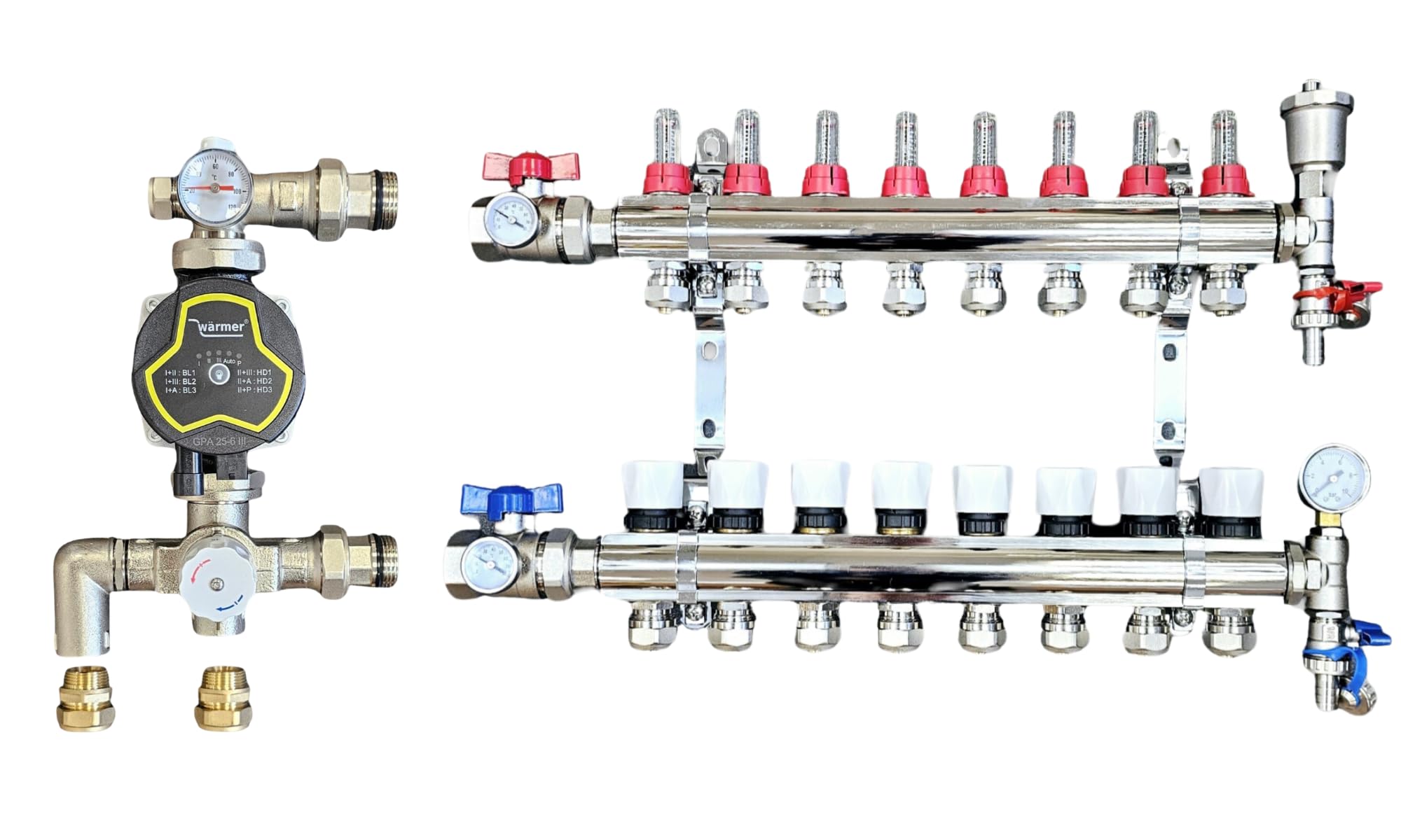 Wärmer System 8 Port Underfloor Heating Manifold with 'A' Rated Auto Pump GPA25-6 III and Blending Valve Set