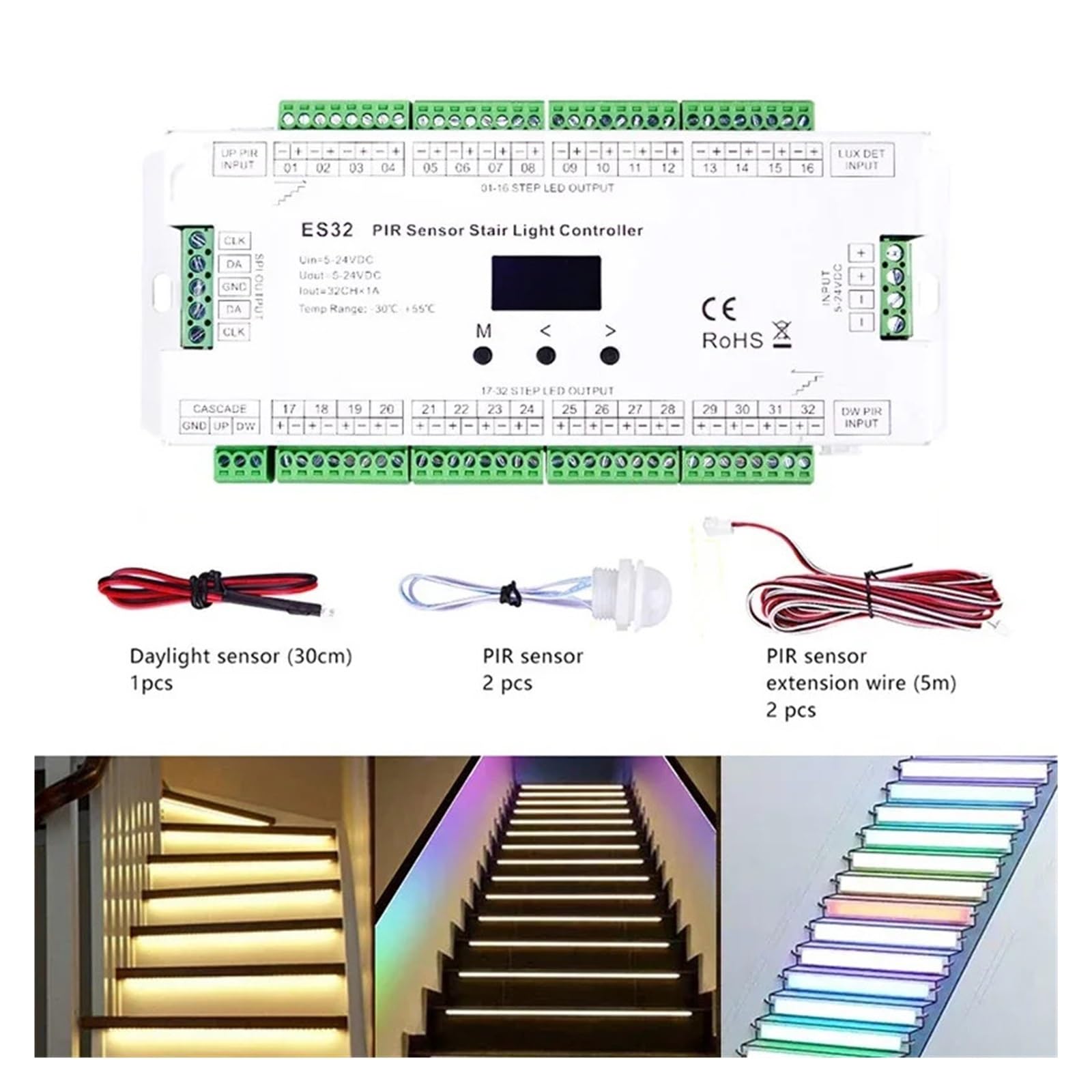 ES32 Treppen-LED-Lichtsteuerung PIR-Sensor 32CH Einzelfarbe 2CH RGB-Pixel SPI LED-Streifen-Dimmer Treppenlicht-Sensor-Steuerung(ES32 Controller)