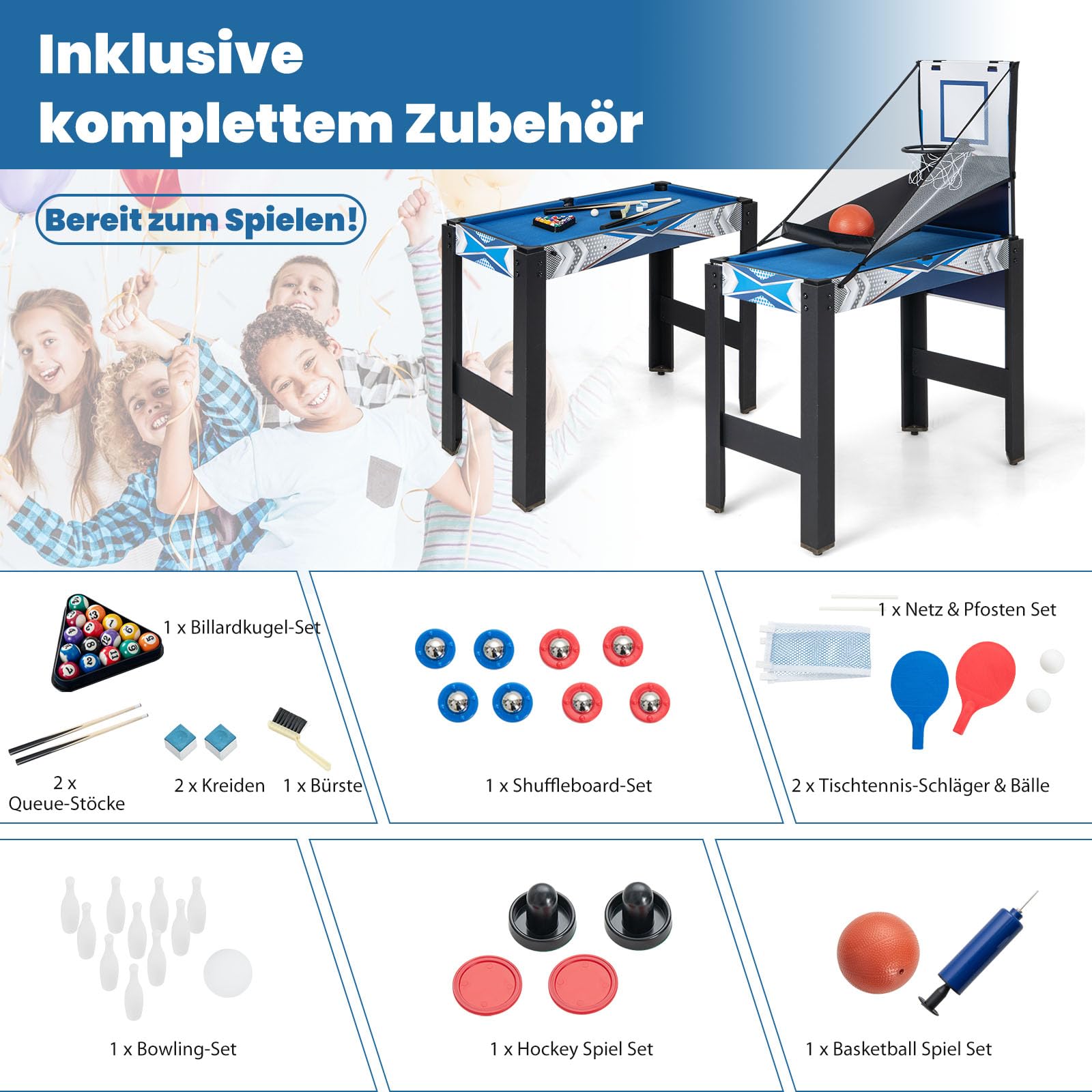 GOPLUS 6 in 1 Kombi Spieltisch, Multigame kickertisch mit Basketball, Billard, Pingpong, Hockey, Shuffleboard & Bowling für Zuhause, Kneipe & Büros, Sportspiel-Set für Kinder und Erwachsene