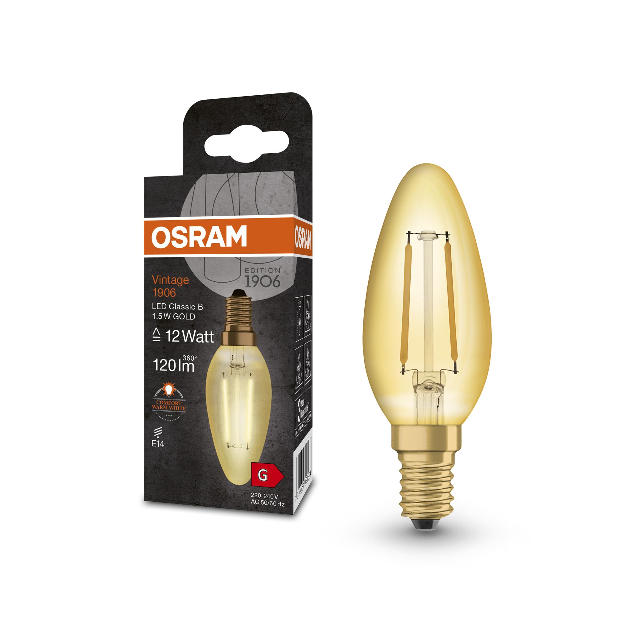 OSRAM Vintage 1906 Classic B Fil Led Lamp, E14, Classic Mini Candle Shape, Gold, 1.5W, 120Lm, 2400K, Warm White Comfort Light Color, Very Low Energy Consumption, Long Life