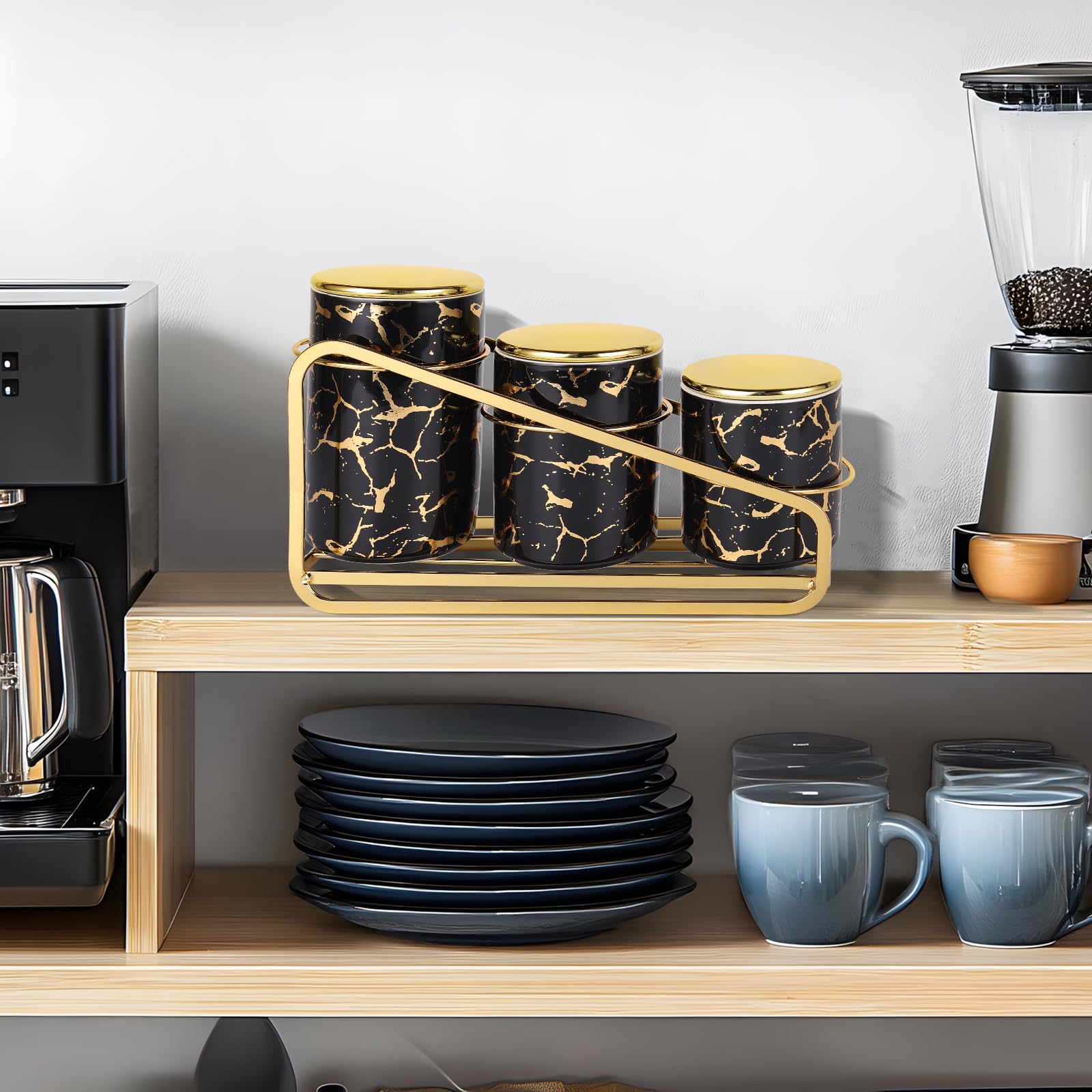 Set di Barattoli in Ceramica con Motivo Dorato per Piano di Lavoro della Cucina, Contenitori Alimentari con Scaffale a Ripiani, Contenitori Ermetici per Caffè, Zucchero e Sale