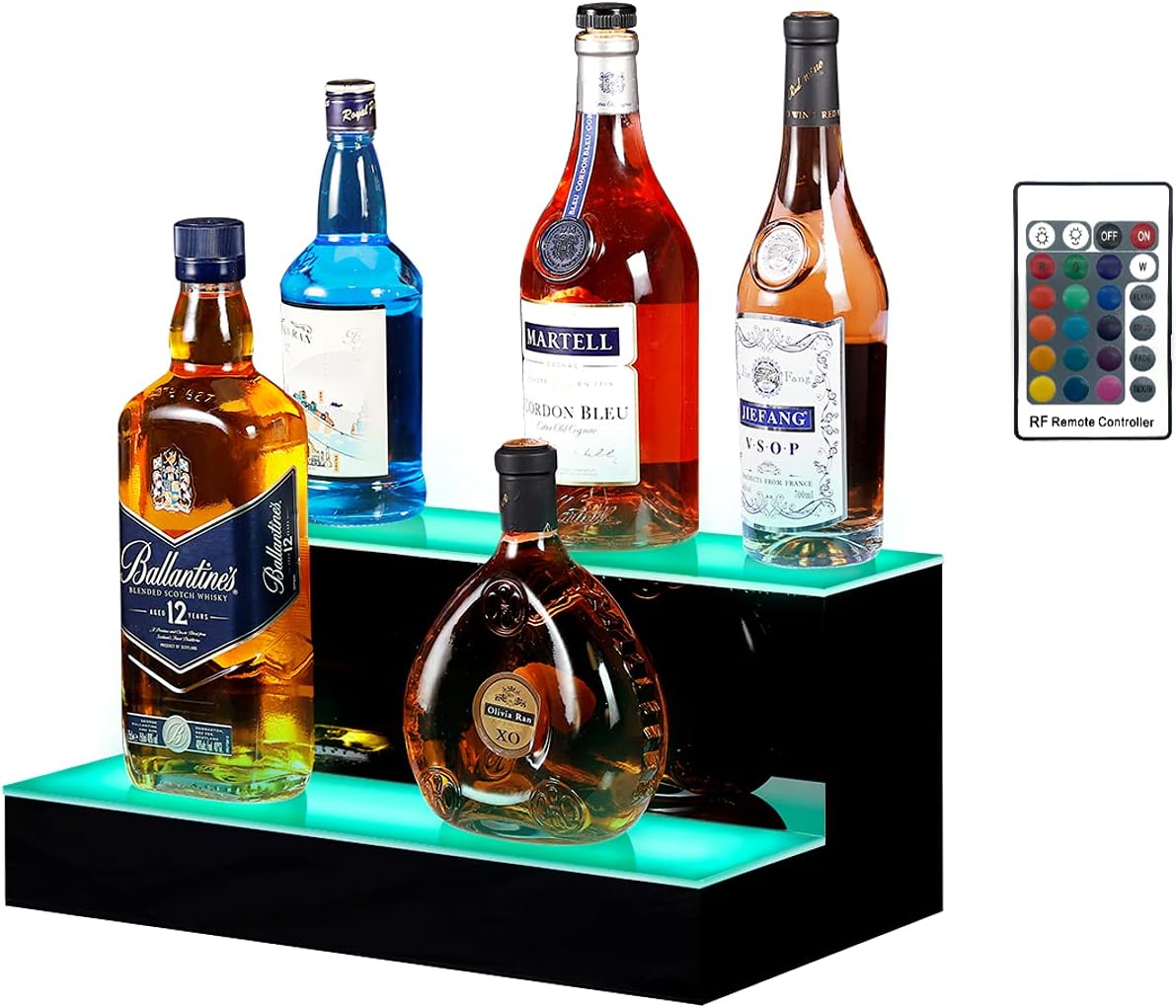 Boss Premium 16 Inch LED Lighted Bar Liquor Bottle Alcohol Whiskey 2-Step Shelf Rack Stand Display Tray Units for Home Bar Living Room Accessories and Decor - Designed in USA