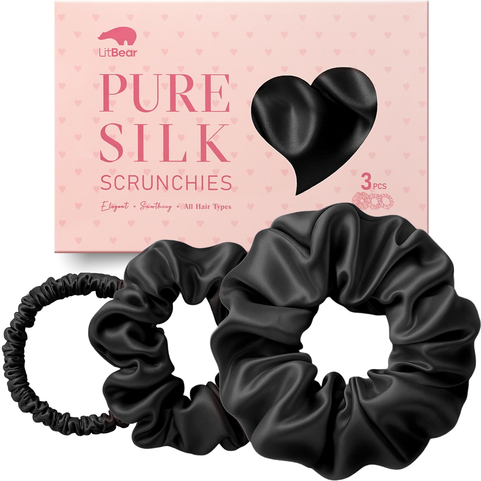 Litbear Seiden Scrunchies 3er Set, Haargummi Seide aus 100% reiner Maulbeerseide, Seidenhaargummis Damen in 3 Größen, Silk Scrunchie zum Schlafen, sanft zum Haar gegen Haarbruch
