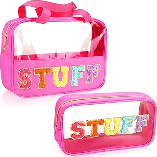 2 Pcs Stuff Bag Chenille Letter Clear Makeup Bags Travel Toiletry Storage Preppy Patch Makeup Bag with Zipper Transparent PVC Nylon Waterproof Portable Cosmetic Bags for Women Girls (Rose Red, Stuff)