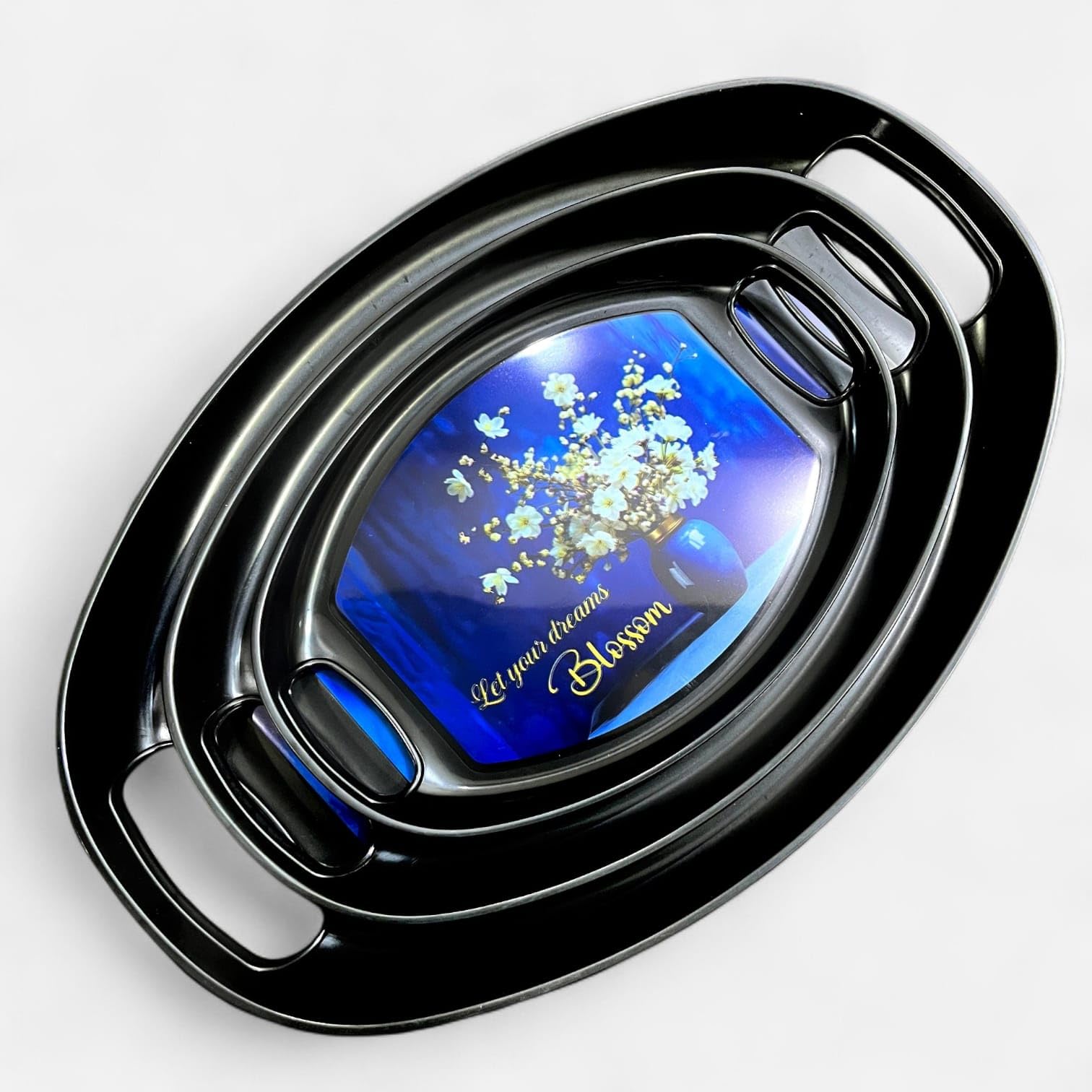 Decorative Serving Trays Set, Black with Blue Leaf Pattern, 3 Nesting Sizes — Amazon image 6