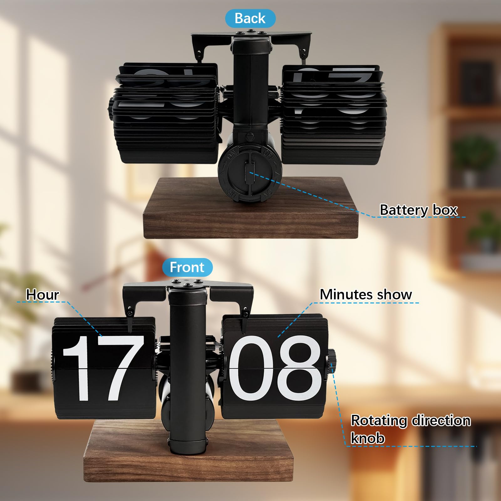 Flylin Digitale Klappuhr, Retro-automatische Mechanische Flip Uhr mit Sichere Basis, 24 Stunden Schwarz Kreative Vintage-Tischuhr für Zuhause Wohnzimmer Büro Schule Hotel CAF