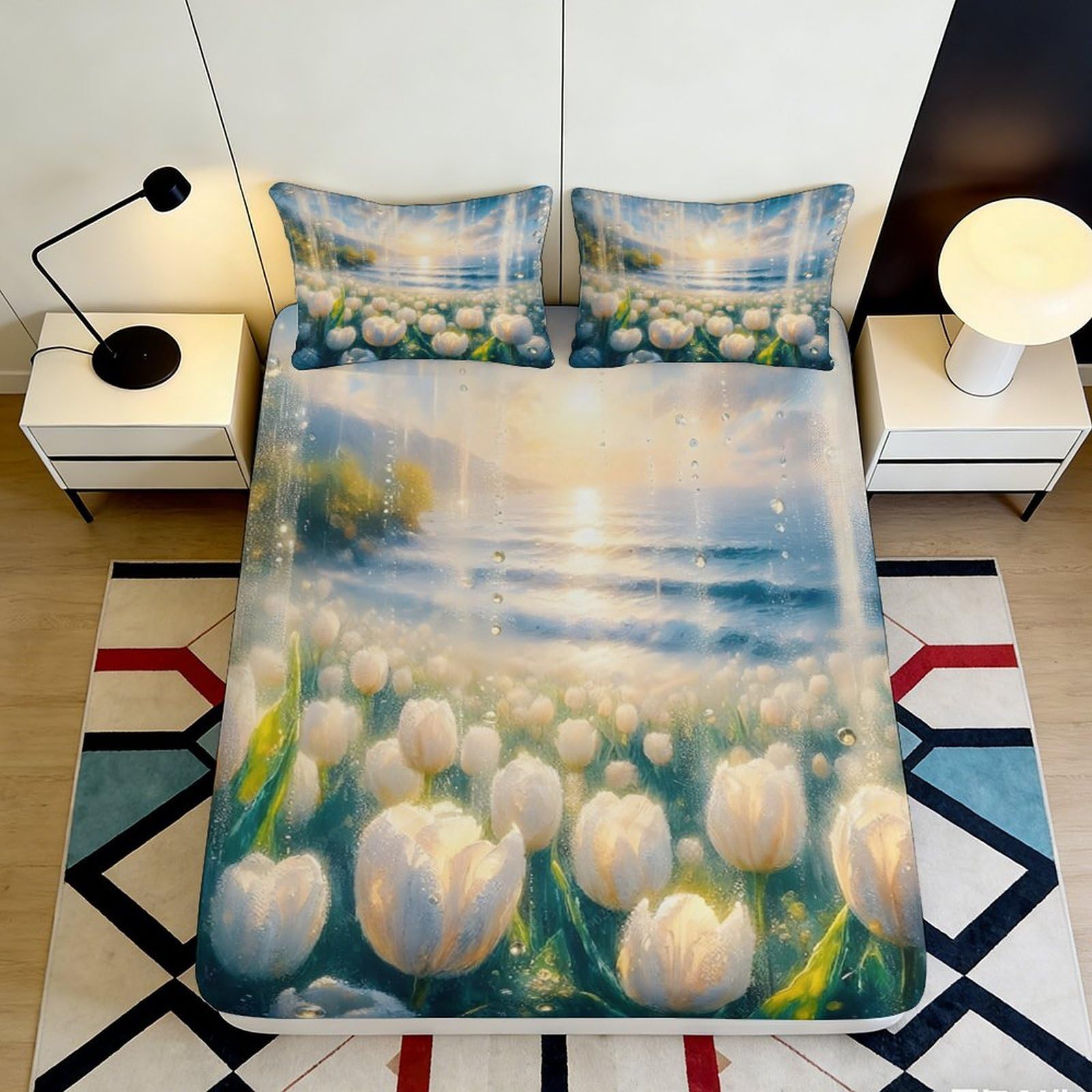 3D Printed Floral Pastoral Fitted Sheet Microfiber Deep Pocket Non-Slip Countryside Floral Mattress Fitted Cover Washable Home Bedding 90x200x25cm