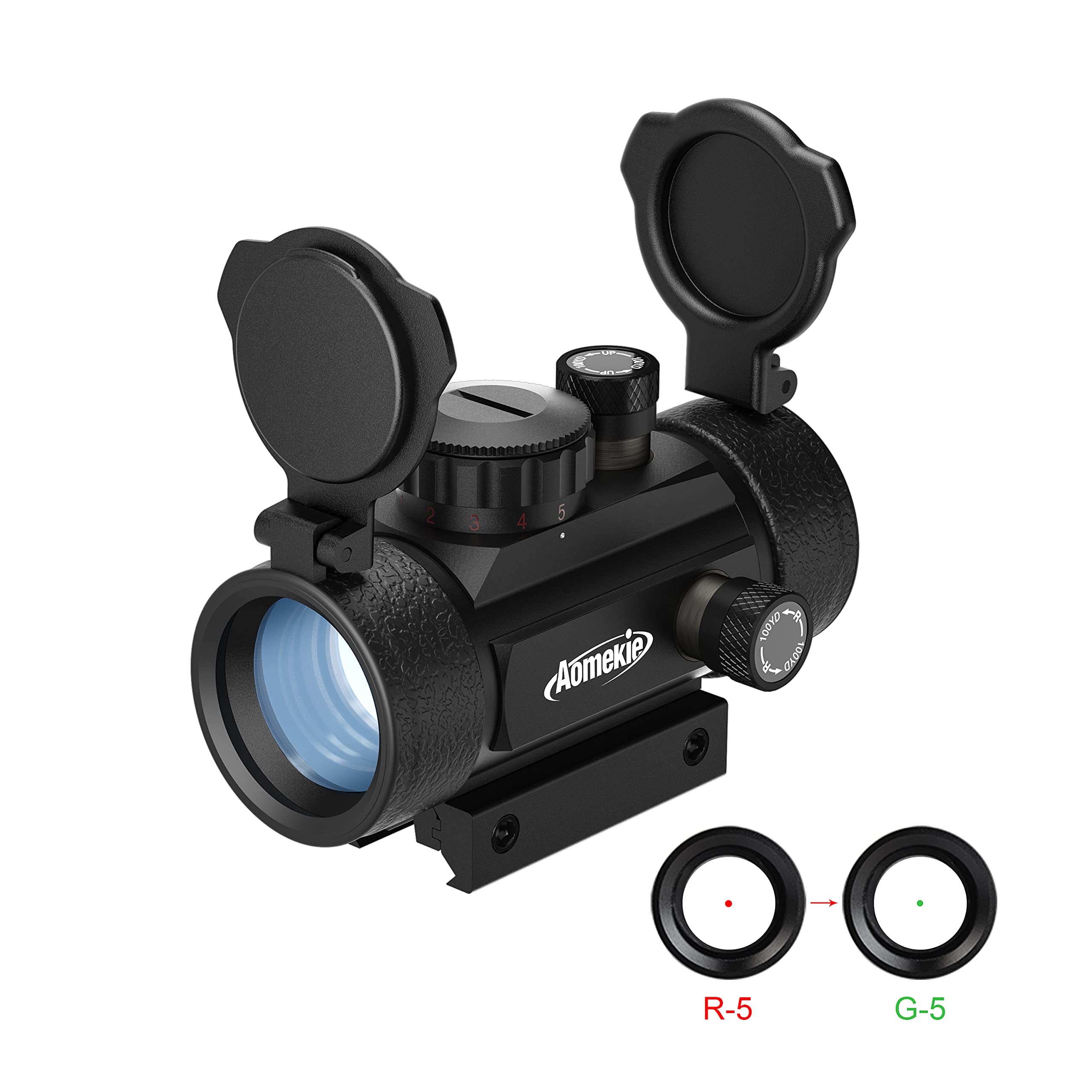 Aomekie Airsoft Viseur Point Rouge/Vert 5 Niveaux de Luminosité Lunettes avec 20mm / 22mm Rail avec Flip Up Couvercle de Lentille