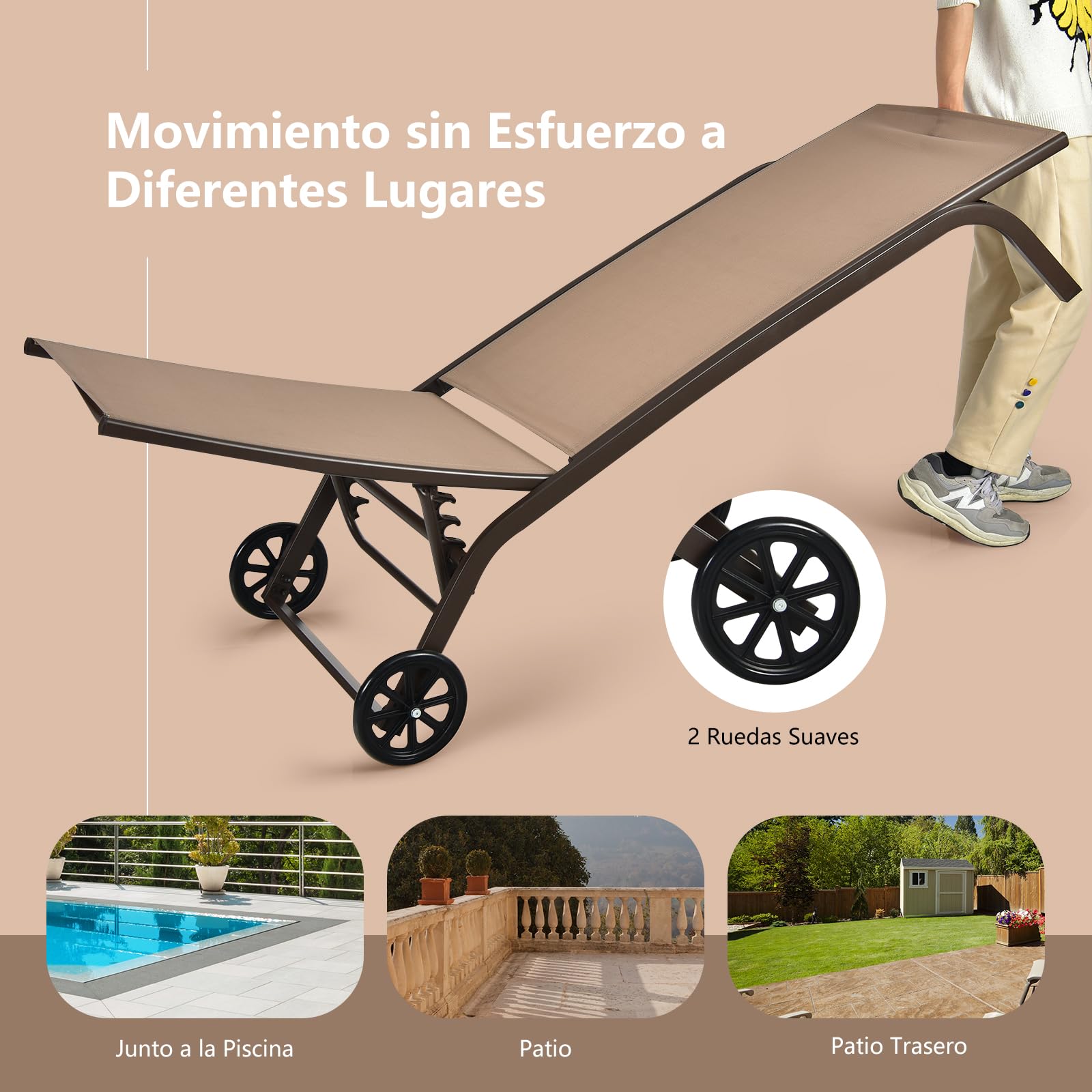 COSTWAY Tumbona de Jardín con Respaldo Reclinable, 6 Posiciones, Tumbona con Ruedas, Tela de Texileno, 164,5 x 61 x 34cm, Terraza, Balcón, Playa, Piscina (café)