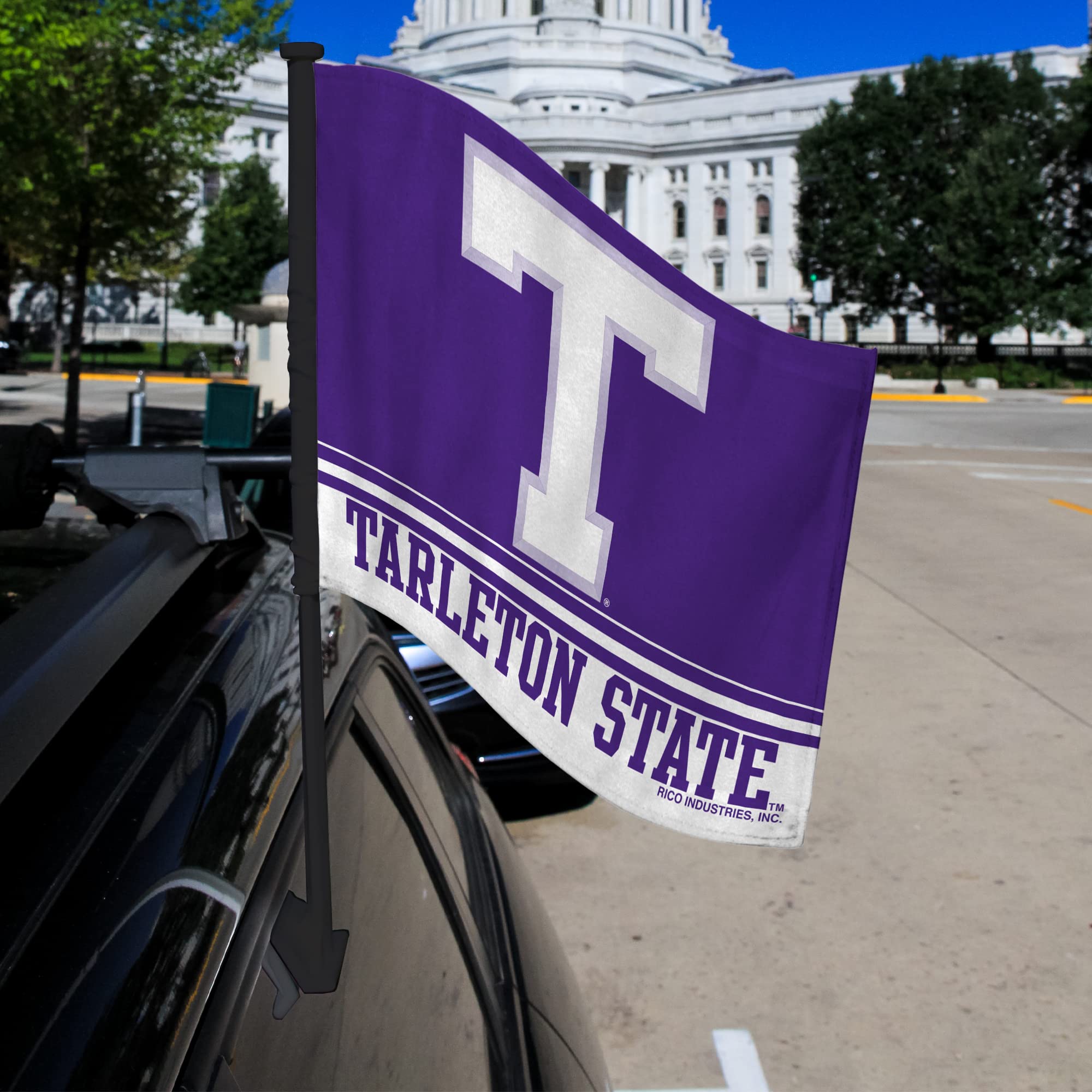 Rico Industries NCAA Tarleton State Texans Black Pole Car Flag W' Black Pole Double Sided Car Flag - 16