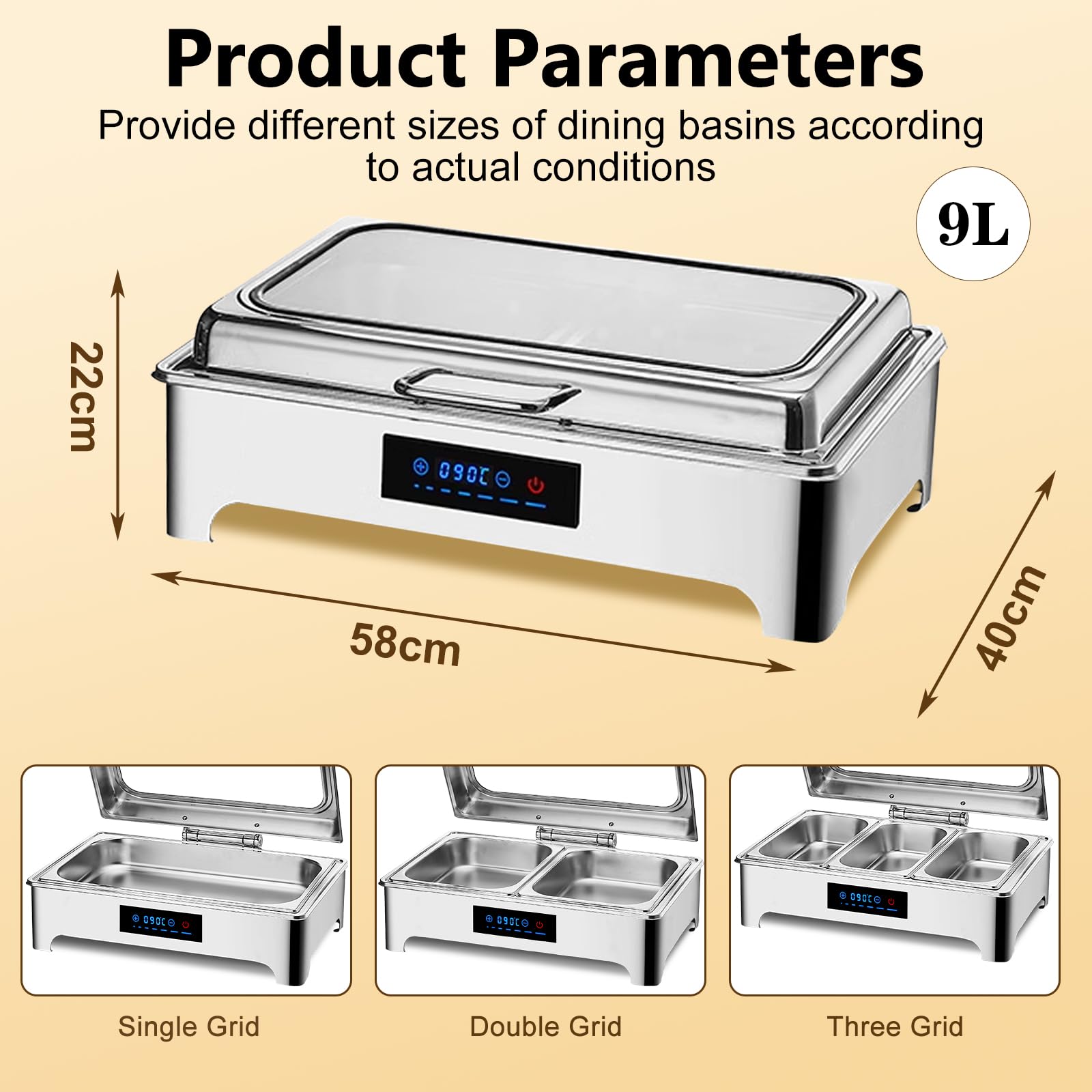 9L Chafing Dish Buffet, Scaldavivande Elettrico Professionale (1/3) | Scaldavivande Elettrico Buffet, Scalda Cibo per Buffet, Ristoranti, Hotel, Feste, Temperatura regolabile da 30-90 °C