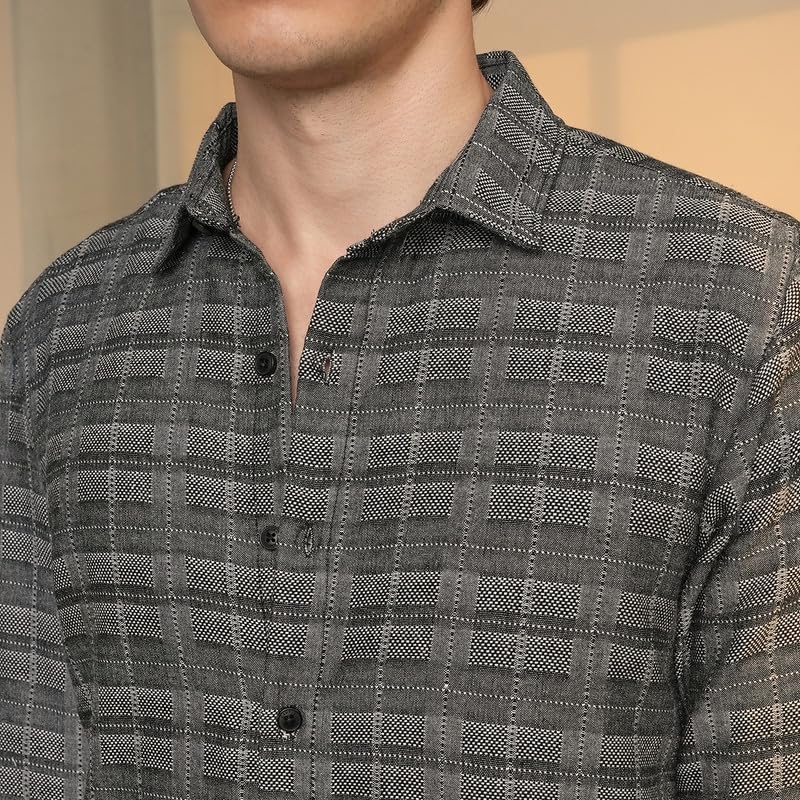 Image of CAHOOT Men's Gingham Shirt | Casual Wear | Spread Collar | Long Sleeve | Button Closure | Shirt Crafted with Comfort Fit for Everyday Wear