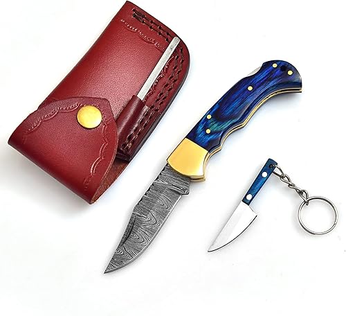 mktraders202 Paquete de 4 cuchillos plegables hechos a mano de acero de Damasco con mango de madera azul, cuchillo de senderismo, cuchillo táctico,