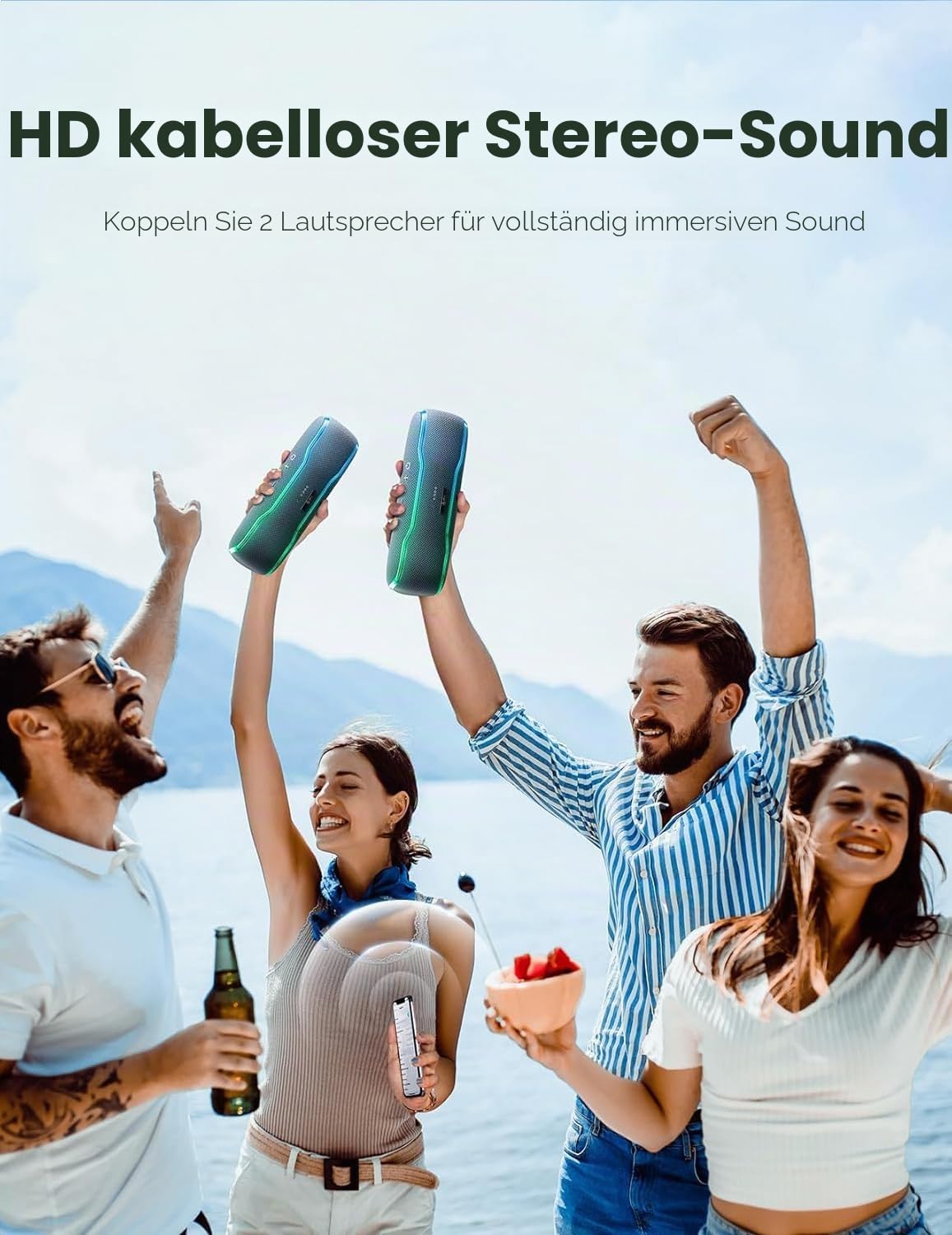 AY Bluetooth Lautsprecher Musikbox Tragbarer IPX7 Wasserdicht Bluetooth Box mit Bunten Licht und Satten Bässen, Stereo-Pairing, Eingebautes Mikrofon, 24h Akku, Perfekt für Zuhause, Draußen
