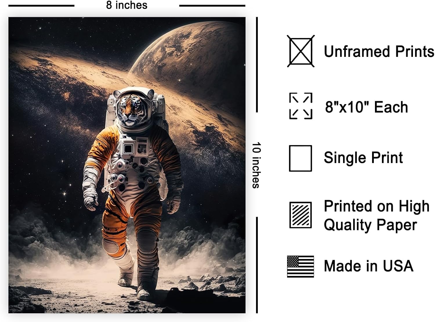 Poster Master Space & NASA Poster - Tiger in a Spacesuit Print - Astronaut Art - Gift for Boys, Girls & Outer Space Enthusiast - Funny Decor for Bedroom, Nursery or Kids Room - 8x10 UNFRAMED Wall Art