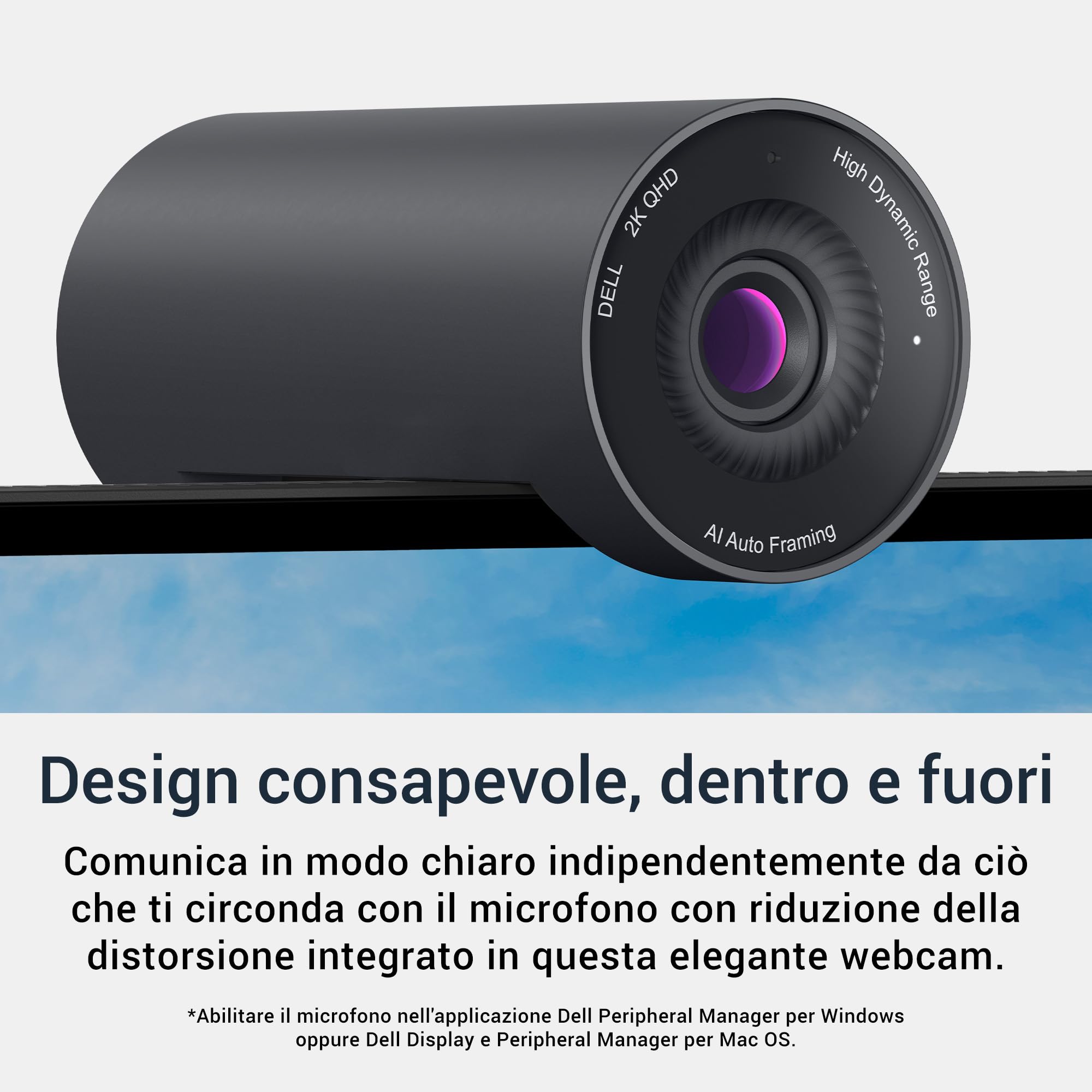 Dell Pro Webcam WB5023 Webcam 2K QHD, HDR, AI Auto Framing, Microfono con Riduzione del Rumore, Certificata per Microsoft Teams e Zoom, Compatibile con Windows e Mac Nero
