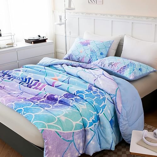 Miniatura 9 de ZRNBAST Juego de edredón de sirena tamaño individual para niñas, juego de ropa de cama de 3 piezas morado y rosa para niños y adolescentes, edredón