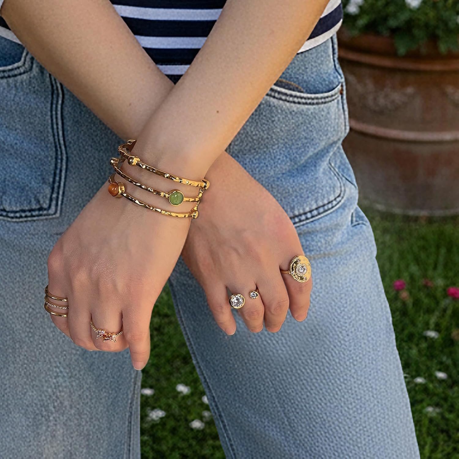 Gold Statement Ring for Women, 14K Gold Plated Adjustable Open Band Rings with Cubic Zirconia Gemstones, Dainty Stackable Cocktail Ring Sparkle Party Jewelry Gift - Image 6