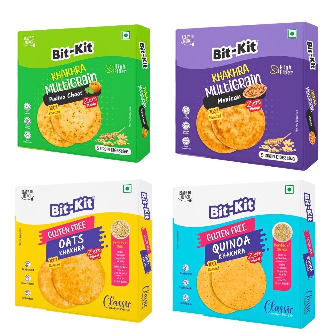 Bit Kit Multigrain Pudina Chaat, Mexican & Gluten-Free Oats, Quinoa Regular Khakhra Combo | 100% Roasted Thins Low-Calorie Tea Time Snacks | Cholesterol-free Diet Khakhra - Combo Pack of 4 (B0CL4TG5Y3) Amazon Price History, Amazon Price Tracker