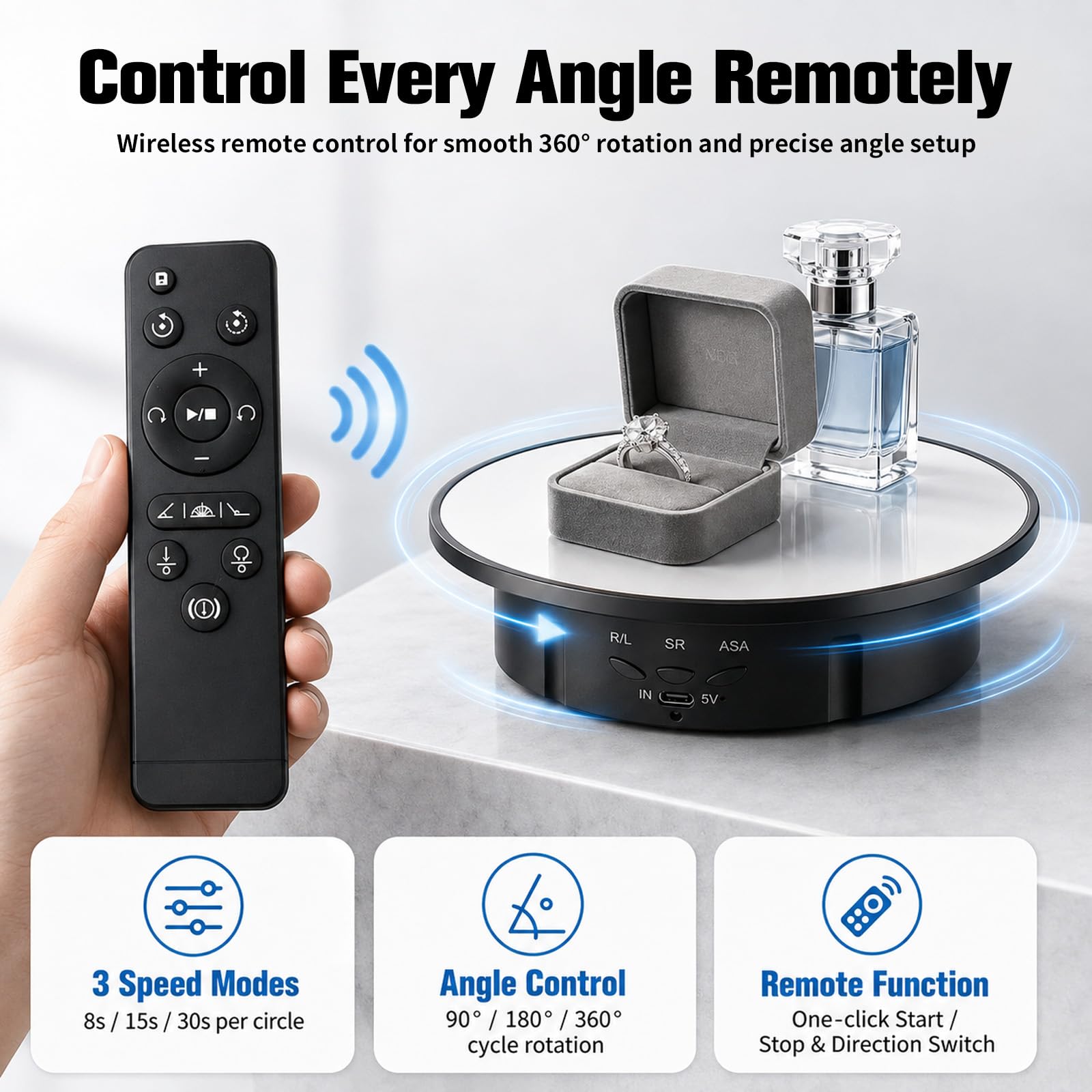 Elektrisch drehbarer Plattenspieler - Rotierender Display-Ständer mit 5 Hintergrundtafeln, 360-Grad-Fotografie-Drehteller mit Fernbedienung, für Produktfotografie und Live-Streaming-Display, 19,8 cm