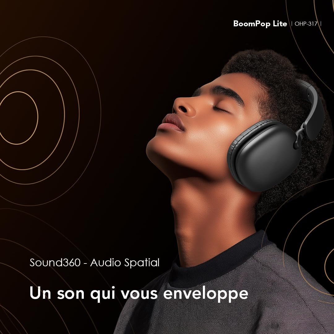 Oraimo BoomPop Lite Casque Bluetooth sans Fil, 65 h d'autonomie, Charge Rapide 10 Min = 10 h, Son Spatial Sound360, Micro ENC, Mode Jeu, Pliable, Bluetooth 5.3 + Jack 3,5 mm, USB-C