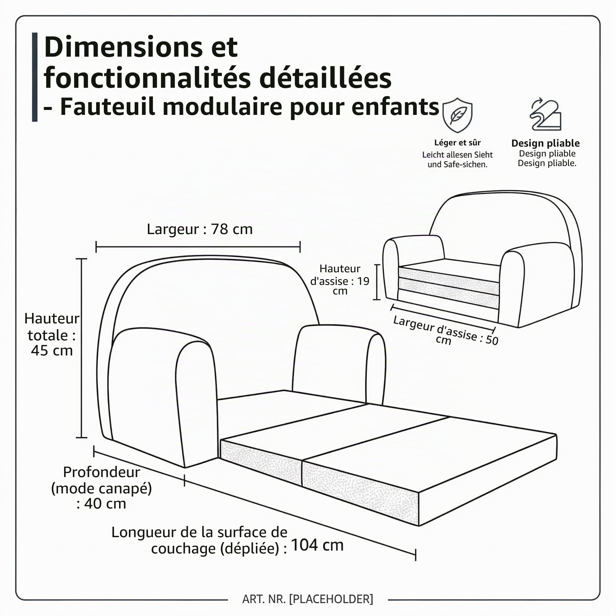 FORTISLINE Canapé enfant dépliable 78x45x40 cm - Canapé enfant en velours avec surface de couchage 104 cm, Mini canapé pour chambre d'enfant, Housse amovible et lavable, Oeko-TEX Standard 100