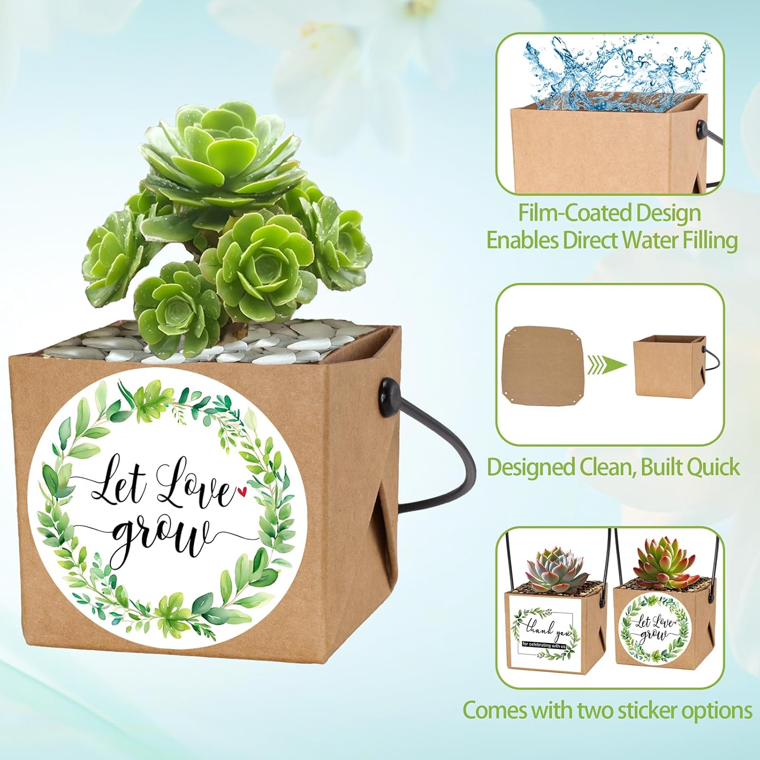 ENYOUNG 50 Pcs succulent wraps Bags,Mini Kraft Succulent Favor Box Basket with Handle for 2 Inch Pots Wedding, Baby Shower, Succulent Party Favors for Guests - Image 3