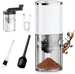 Moedor de Café Elétrico Portátil, Moedor de Grãos com Cerâmica, Ajustável, Sem Fio, Autolimpeza, Baixo Ruído, Tipo-C, para Espresso, Filtro, Prensa Francesa, Inclui Colher e Escova,Branco