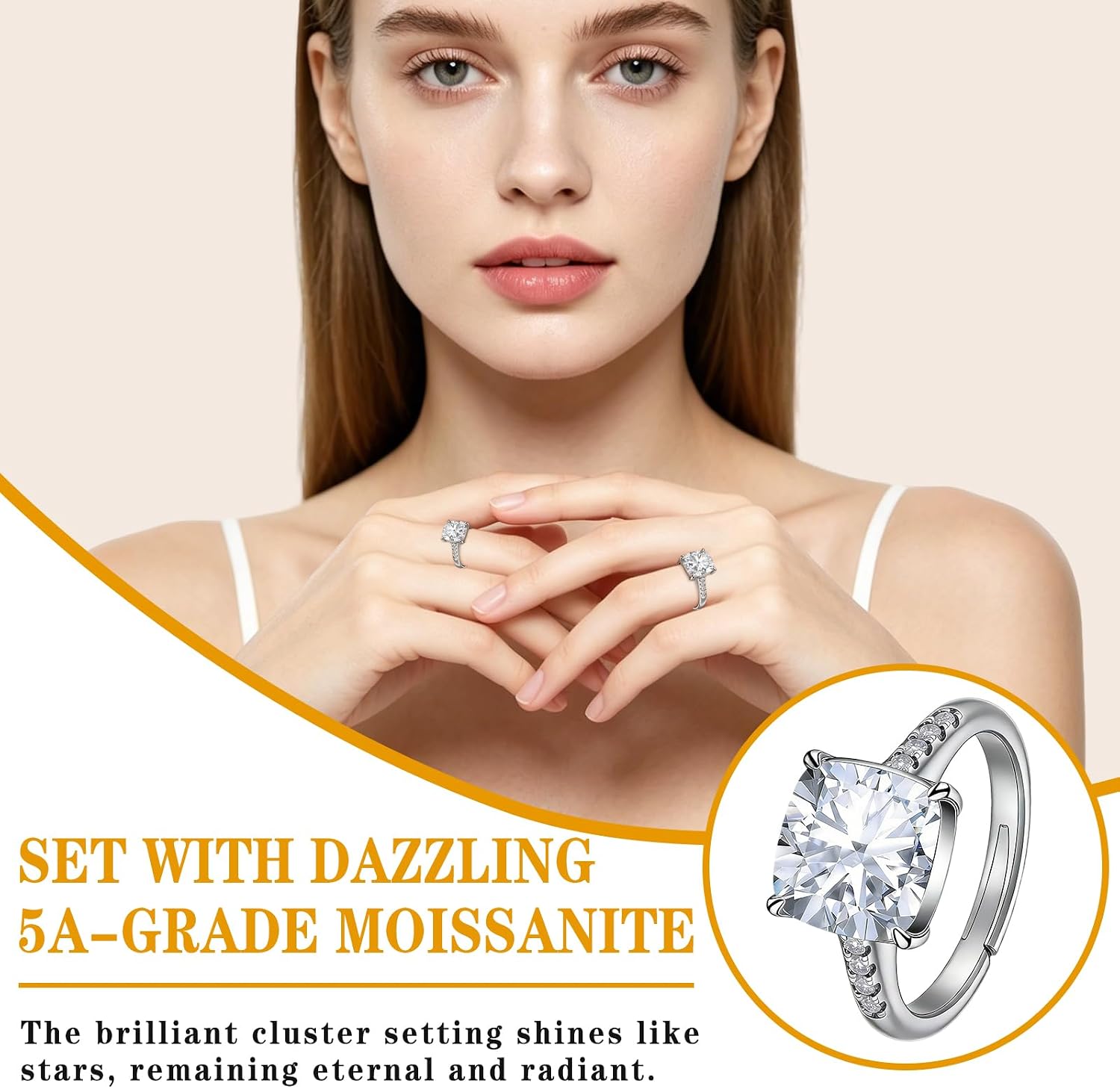 4 Carat Moissanite Engagement Ring for Women, Cushion/Round Cut 4CT Moissanite Wedding Ring, 14K Rose Gold/White Gold Plated Adjustable Bridal Promise Ring, Hypoallergenic Anniversary Ring with Gift Box
