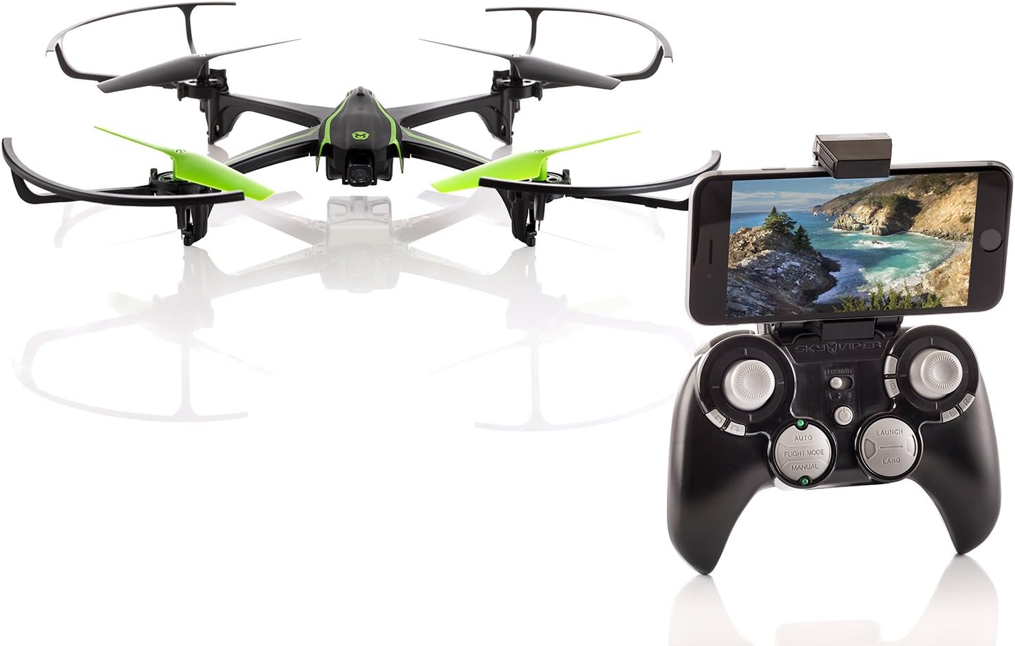 Sky Viper v2450HD drone with controller and a smartphone mounted on the controller, displaying live video feed.