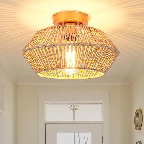 Miniatura 9 de VILUXY Lámpara colgante de ratán tejido, pantalla de jaula trabajada a mano, lámpara de cuerda de abaca natural, latón antiguo, acabado de pintura