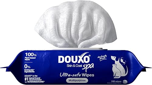 DOUXO Skin & Coat SPA - Toallitas multiusos ultra seguras para perros y gatos, 100 toallitas, elimina suavemente las manchas de lágrimas y saliva,