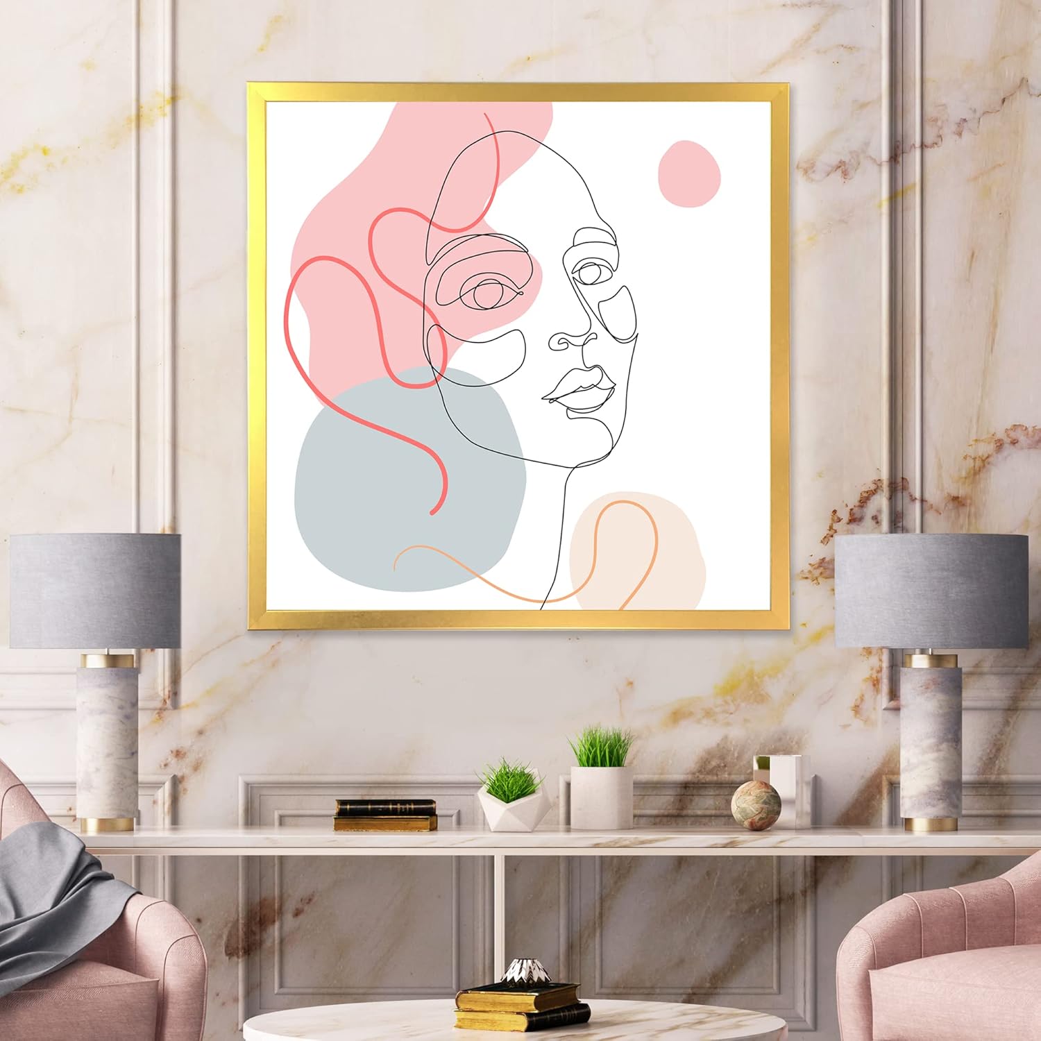 DesignQ One Line Drawing of Young Woman In Pastel Tones Modern Framed Wall Art