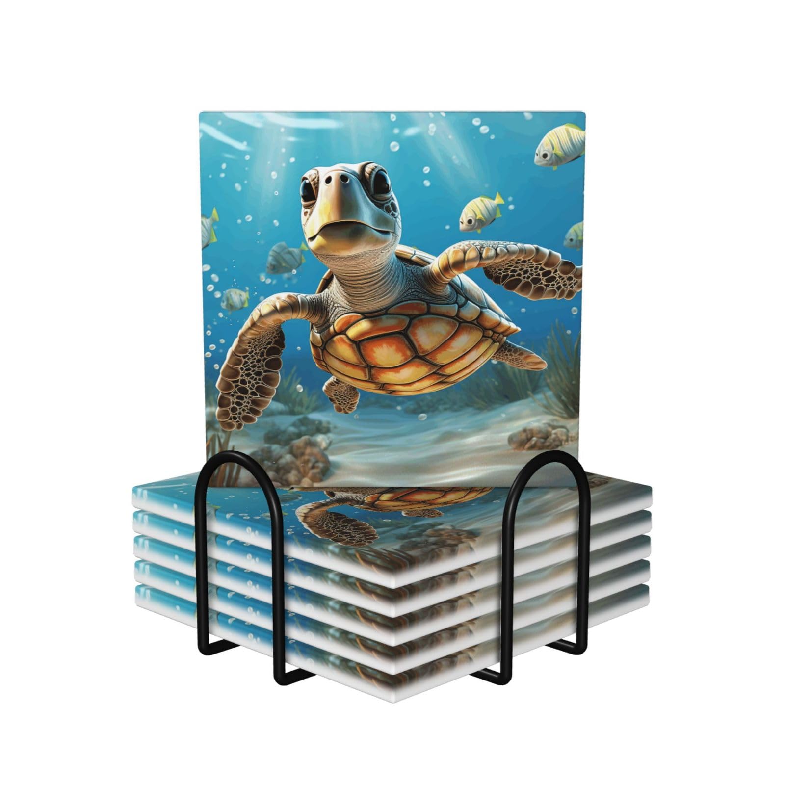 6Pcs Ceramics Coaster for Drinks, Cartoon Sea Turtle Cup Coasters with Holder, Aesthetic Drink Coasters for Coffee Table, Absorbent Round Coaster for Tabletop Protection 4" Cup Mat Pad