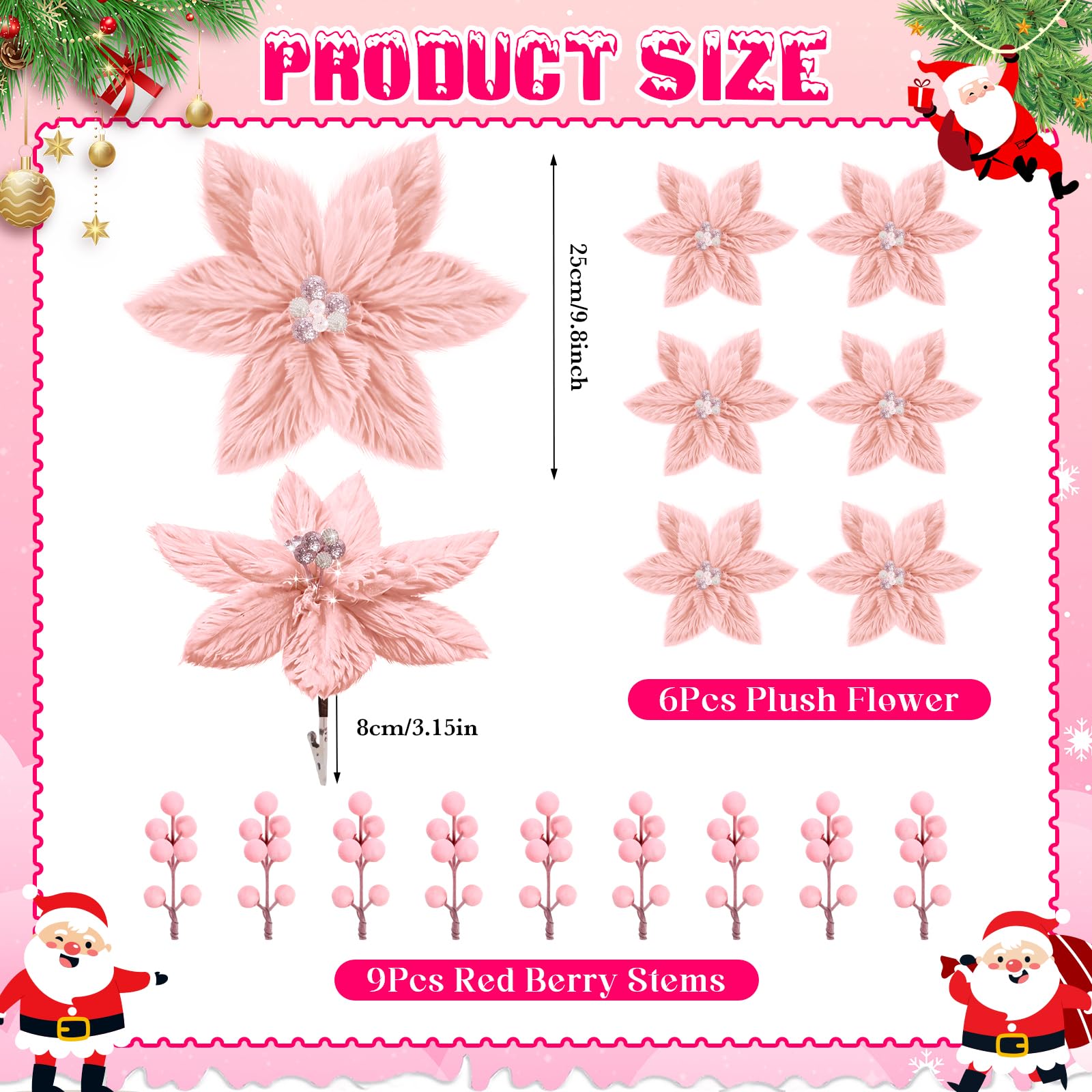 6 púas de árbol de Navidad artificiales de terciopelo rosa, flores de Pascua de Navidad, tallo de Navidad, flores de Pascua de felpa con clips y patrón de búfalo de bayas, adorno para decoración de