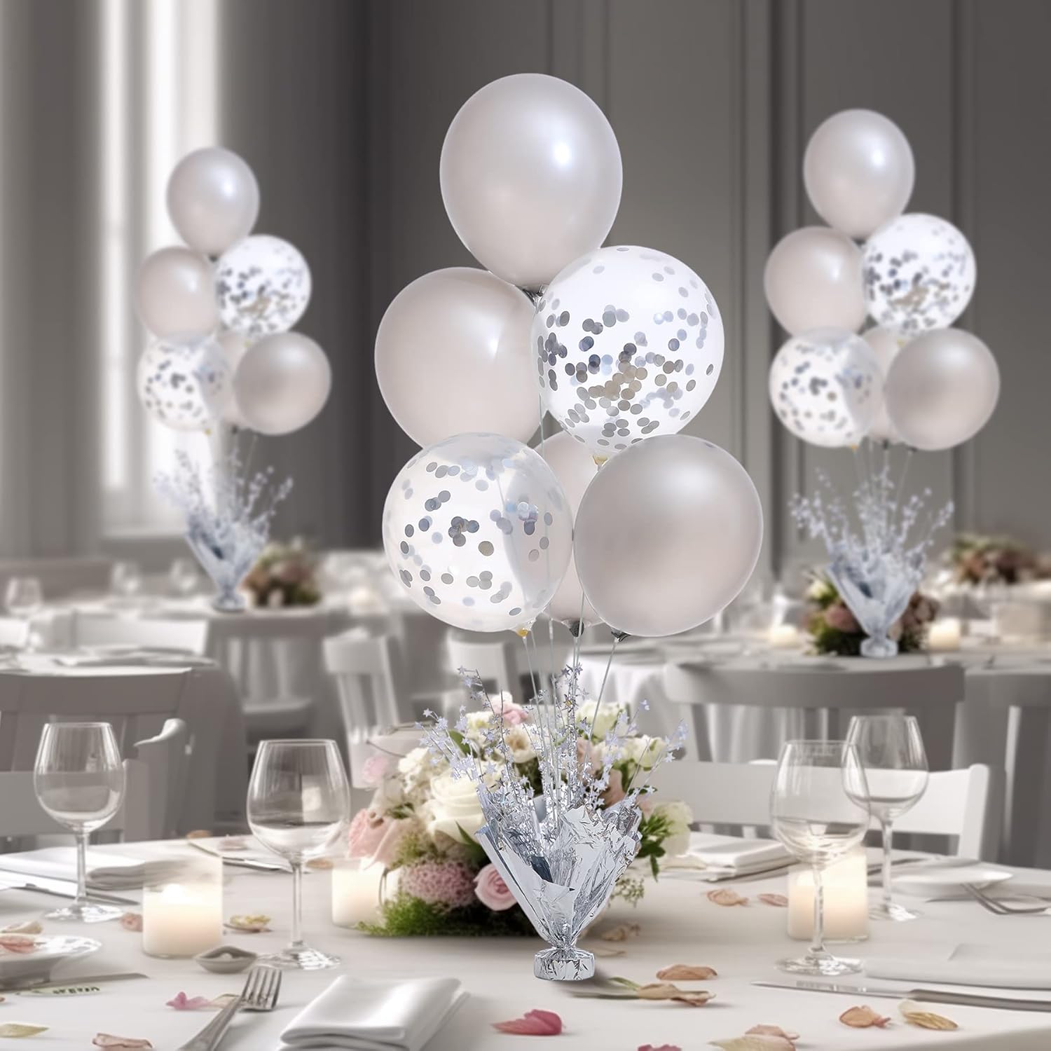 6 Set Silver Table Balloons Centerpiece Stand Kit with Silver and Confetti Balloons for Graduation Birthday Party Baby Shower Wedding Bridal Shower Prom Table Decorations