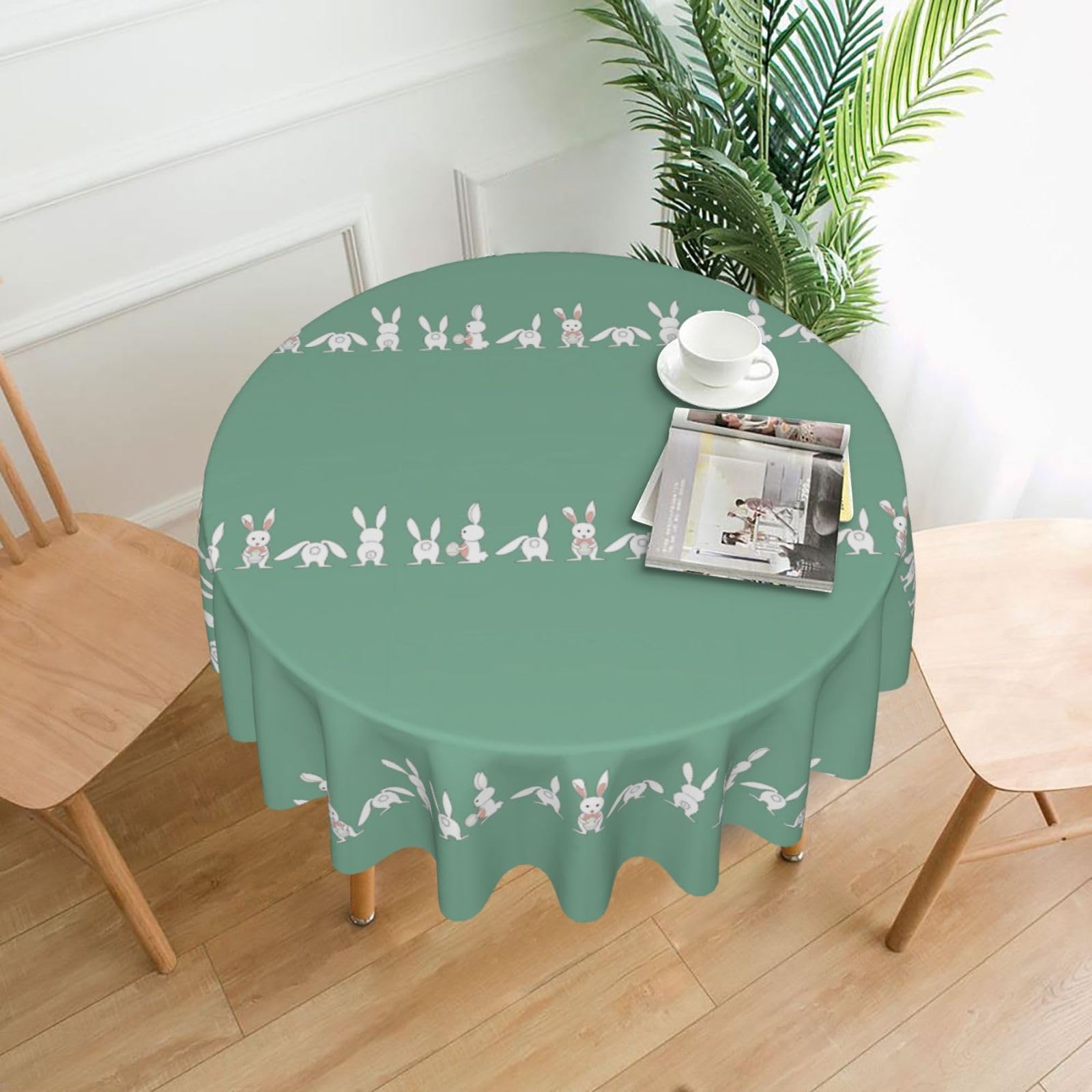 OKFSTY Easter Bunny Print Round Tablecloth 60in for Wedding Elegant Polyester Cover for Party Reception Festive Dinner