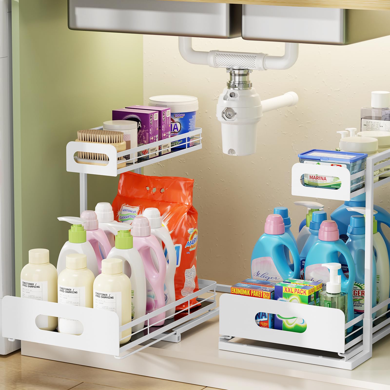 Delamu 2 Pack Metal Under Sink Storage, 2 Tier Pull out Organiser for Kitchen Bathroom, Adjustable Shelf for Multipurpose Cupboard, White