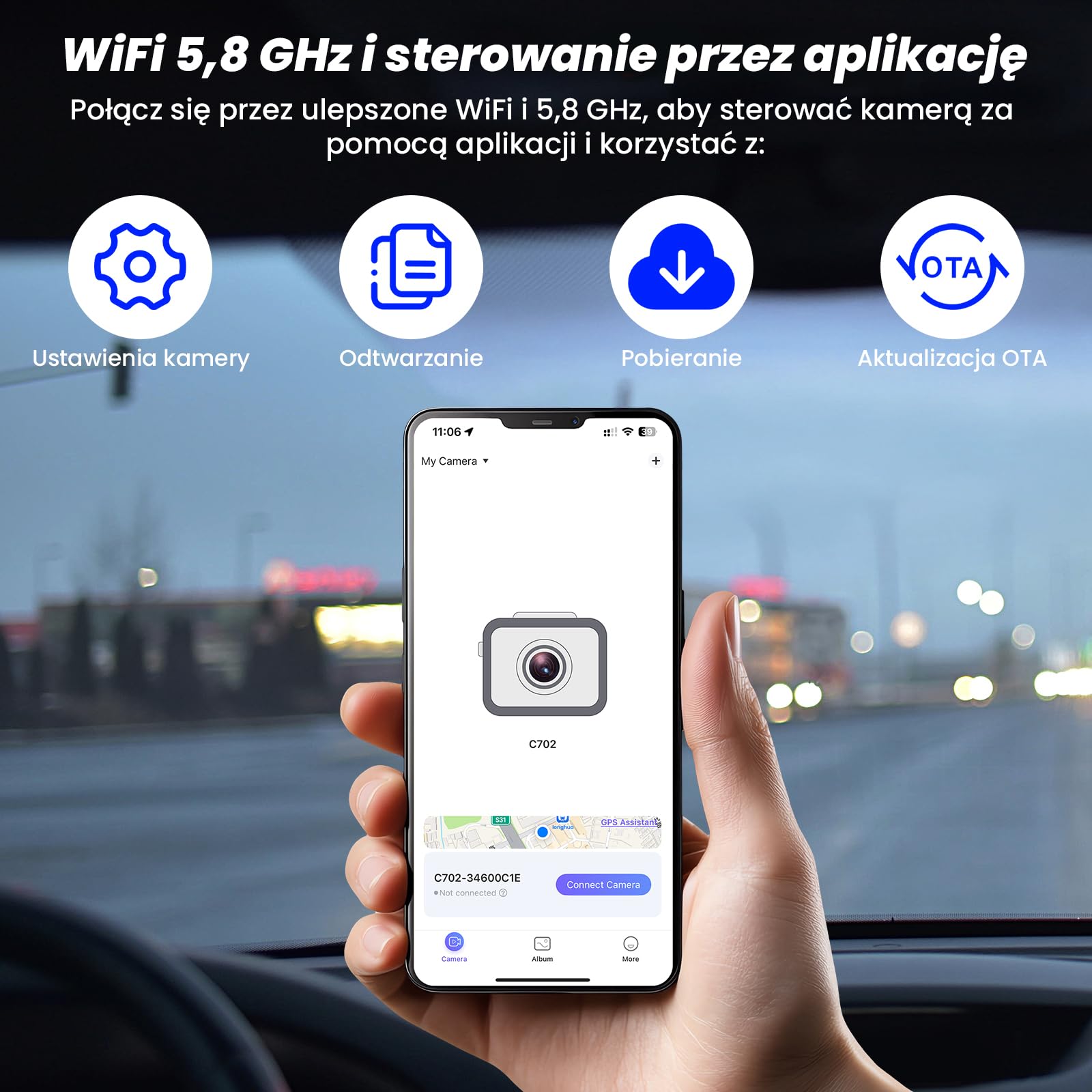Kamera samochodowa Dashcam podwójna 4K/2K WiFi z aplikacją – Przednia 4K + Tylna 2K, Mini Kamera Samochodowa, Karta 64 GB, Noktowizja, Nagrywanie w pętli, Tryb Parking 24 h