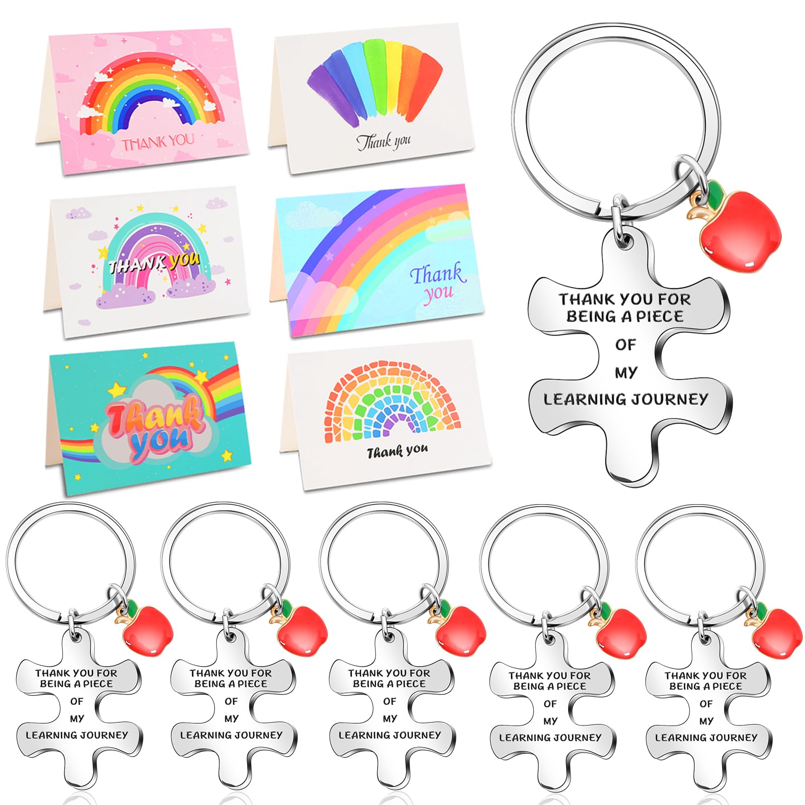 Johiux 6 Sets Thank You Teacher Gifts Teacher Keyring with Rainbow Thank You Card,Personalised Keyring Best Teacher Gifts Female Teachers Male Teachers Primary School Nursery Teacher Thank You Gifts