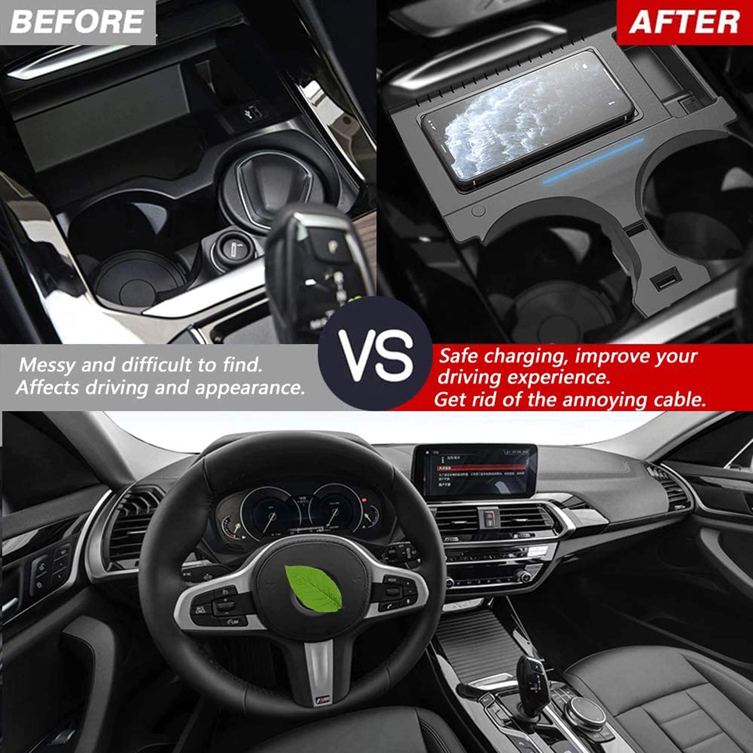 Cargador de coche inalámbrico para BM X3/X4 2018 2019 2020 2021 Panel de accesorios de consola central, con doble puerto USB QC3.0 Placa de carga rápida inalámbrica de teléfono móvil de 15 W par
